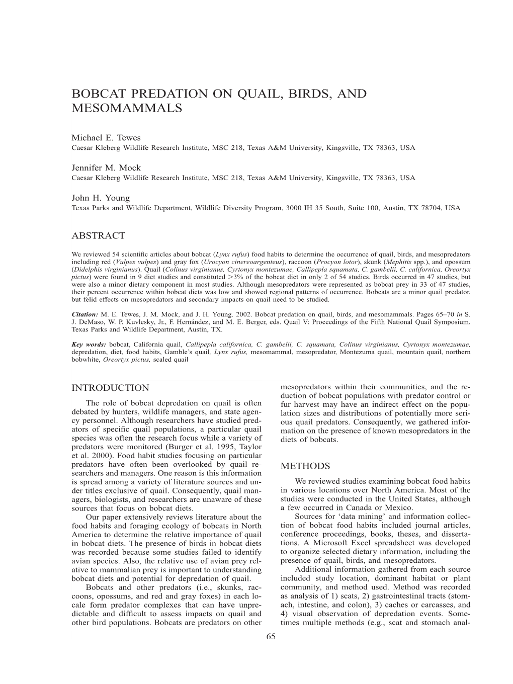 Bobcat Predation on Quail, Birds, and Mesomammals