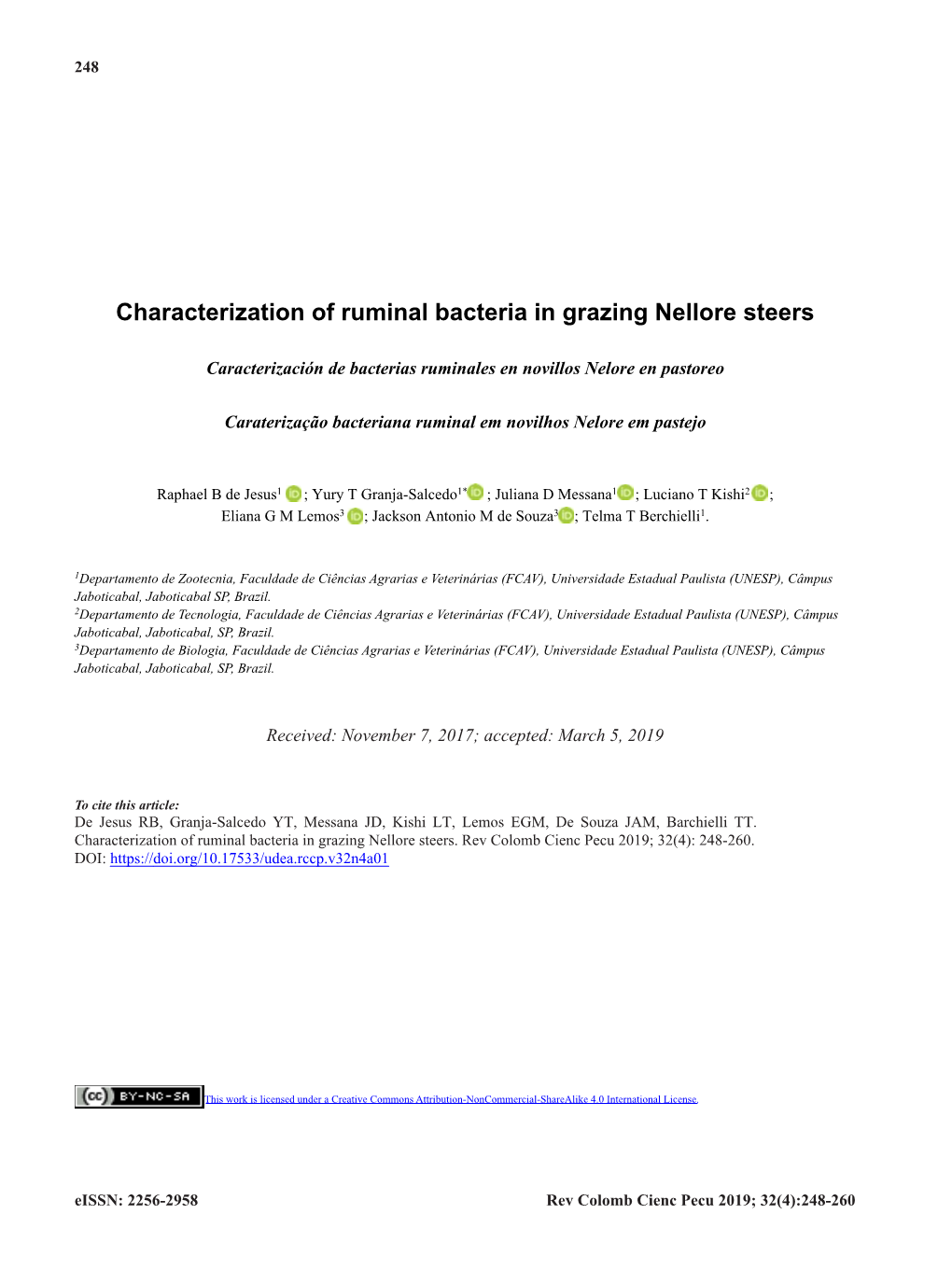 Characterization of Ruminal Bacteria in Grazing Nellore Steers