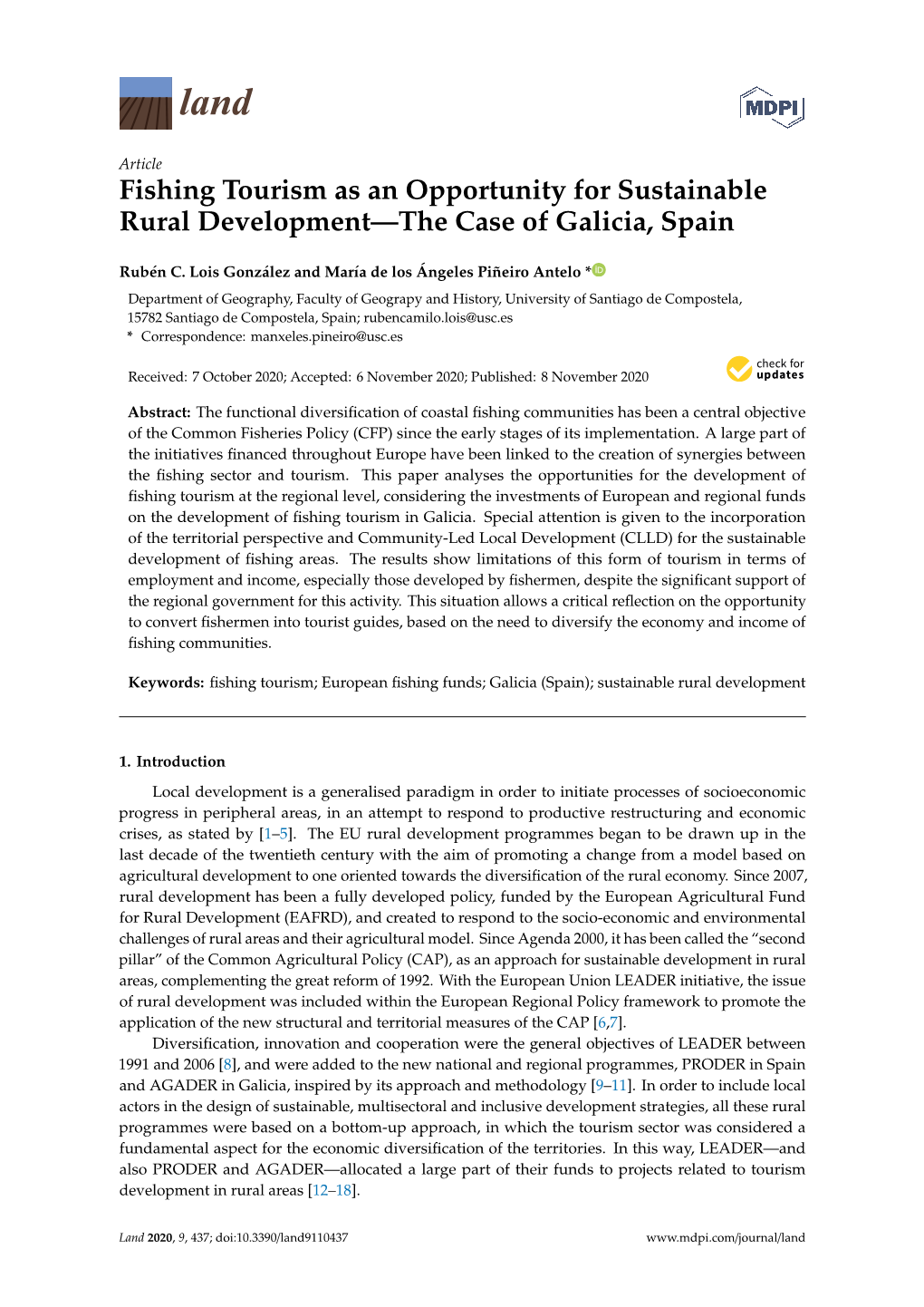 Fishing Tourism As an Opportunity for Sustainable Rural Development—The Case of Galicia, Spain