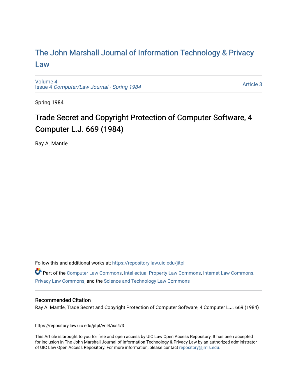 Trade Secret and Copyright Protection of Computer Software, 4 Computer L.J