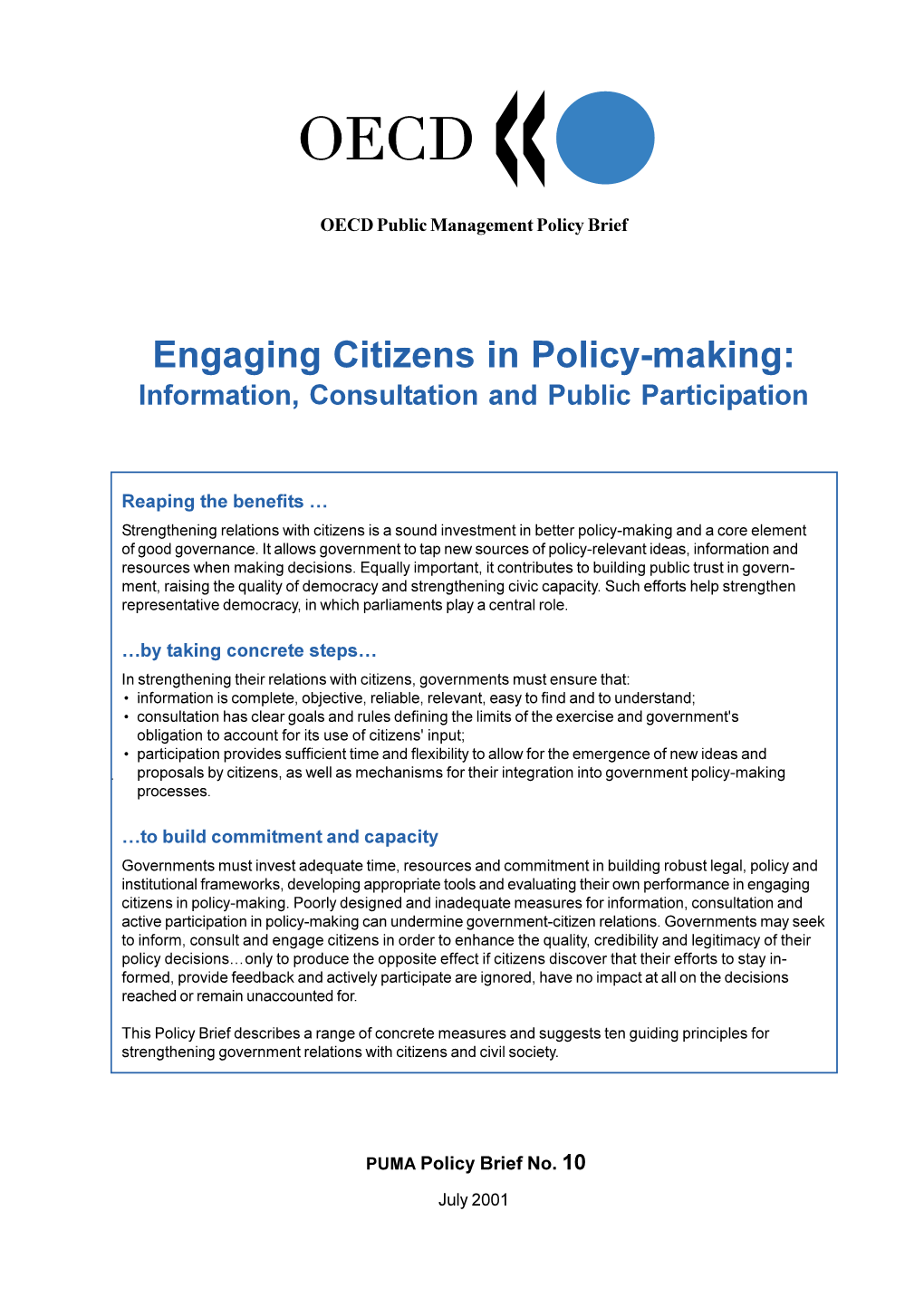Engaging Citizens in Policy-Making: Information, Consultation and Public Participation