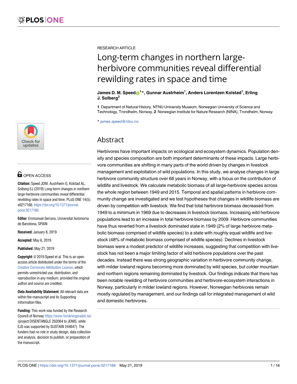 Long-Term Changes in Northern Large-Herbivore Communities Reveal Differential the Whole Region Between 1949 and 2015