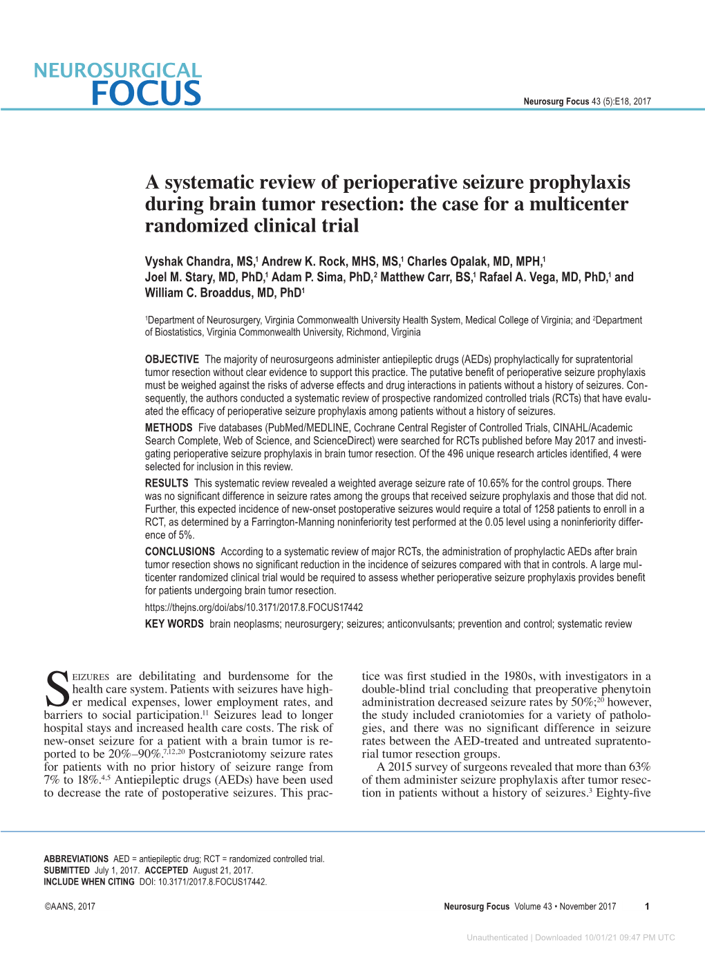 A Systematic Review of Perioperative Seizure Prophylaxis During Brain Tumor Resection: the Case for a Multicenter Randomized Clinical Trial