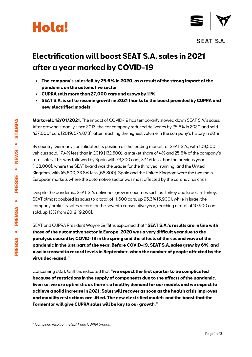 Electrification Will Boost SEAT S.A. Sales in 2021 After a Year Marked by COVID-19