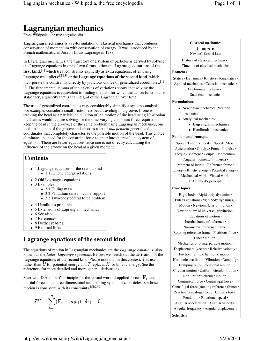 Lagrangian Mechanics - Wikipedia, the Free Encyclopedia Page 1 of 11