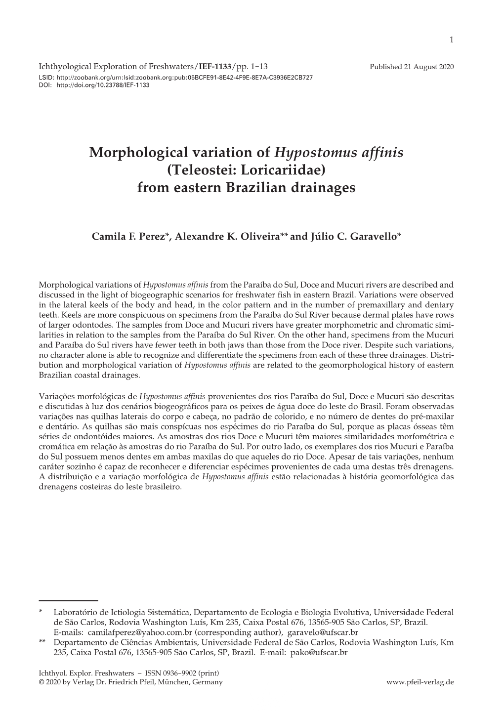 Morphological Variation of Hypostomus Affinis (Teleostei: Loricariidae) from Eastern Brazilian Drainages