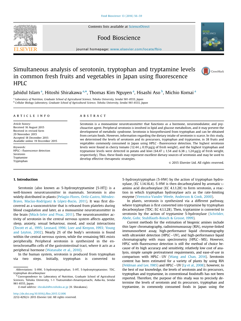 Simultaneous Analysis of Serotonin, Tryptophan and Tryptamine Levels in Common Fresh Fruits and Vegetables in Japan Using ﬂuorescence HPLC