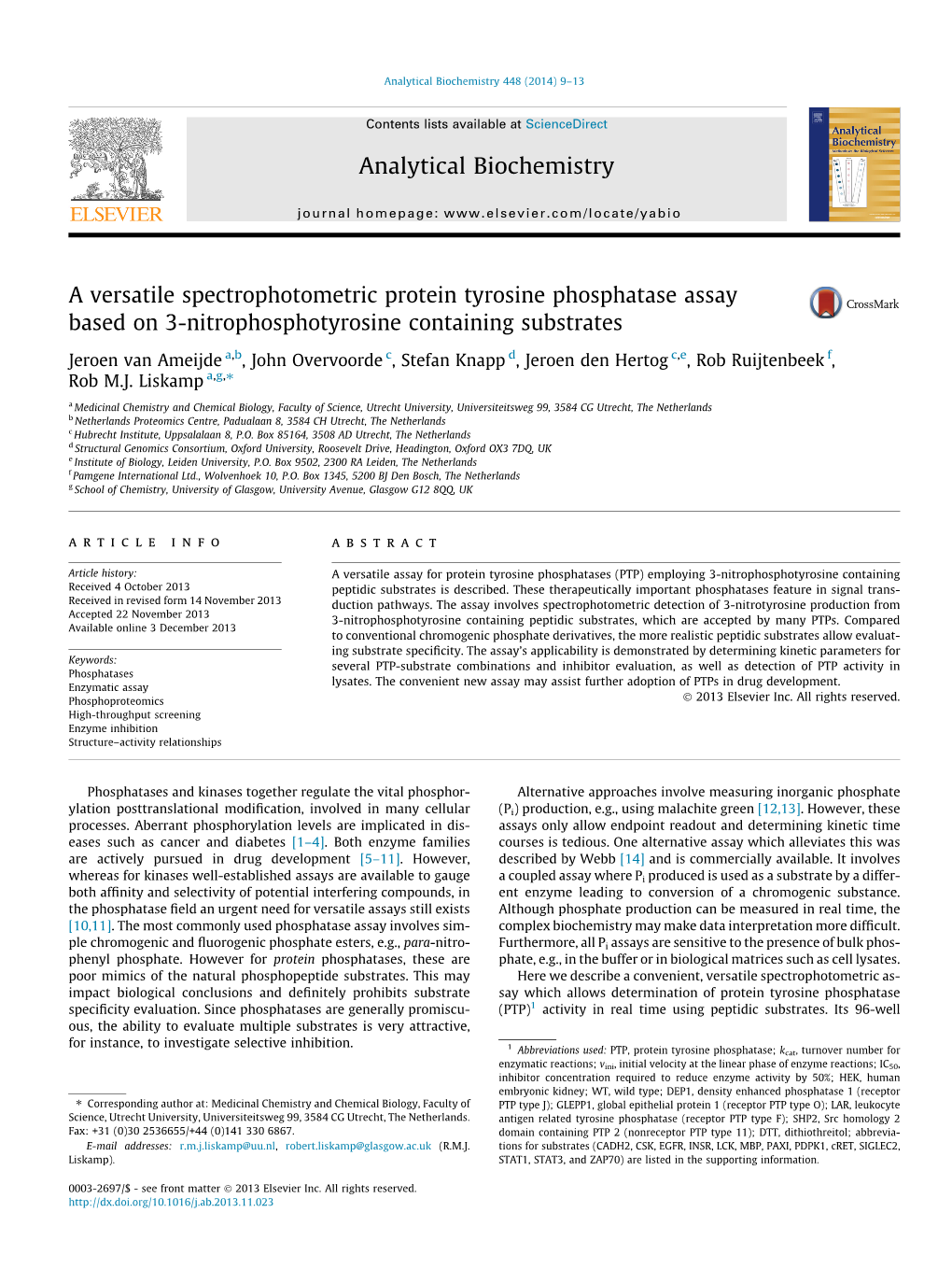 A Versatile Spectrophotometric Protein Tyrosine Phosphatase Assay Based on 3-Nitrophosphotyrosine Containing Substrates