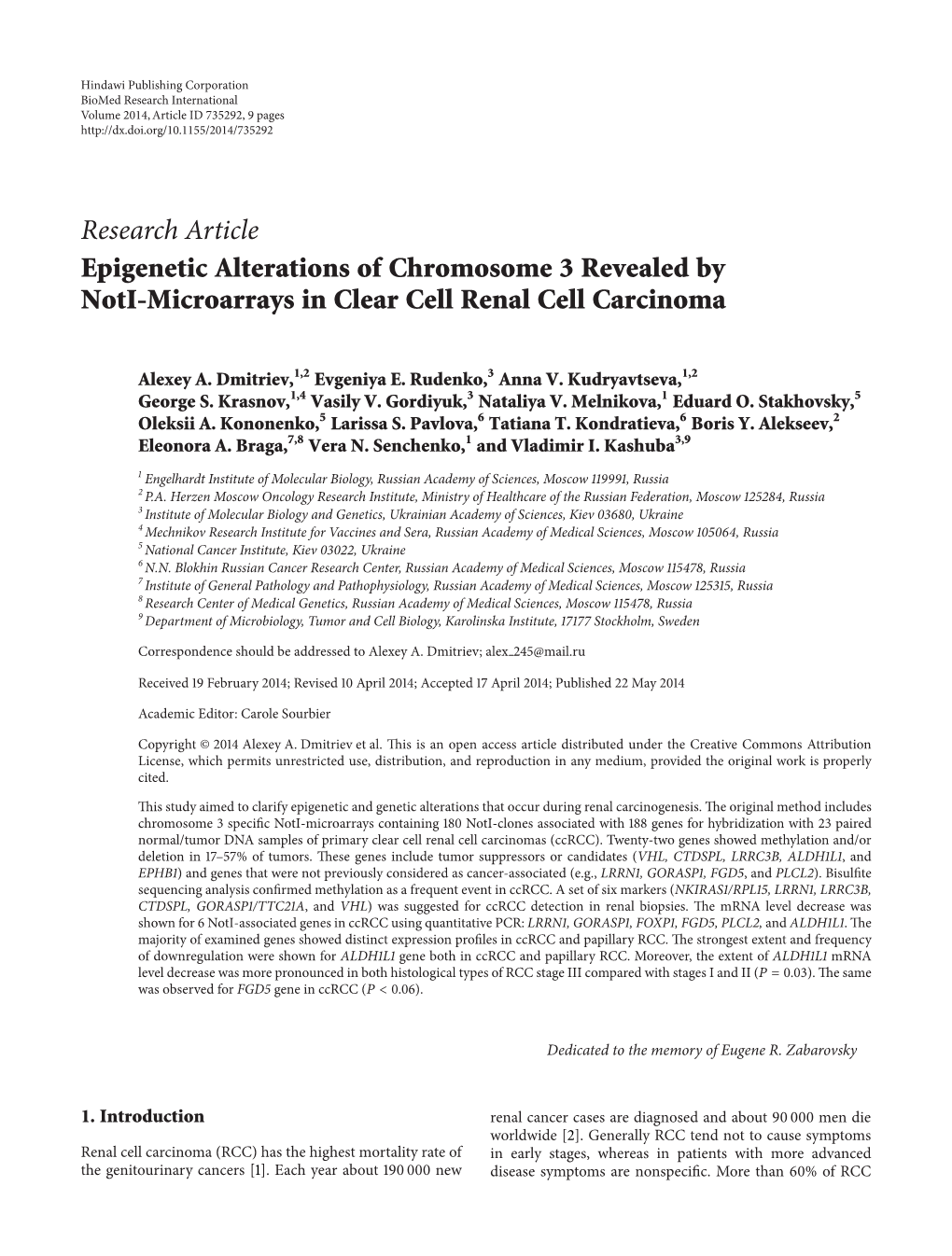 Research Article Epigenetic Alterations of Chromosome 3 Revealed by Noti-Microarrays in Clear Cell Renal Cell Carcinoma