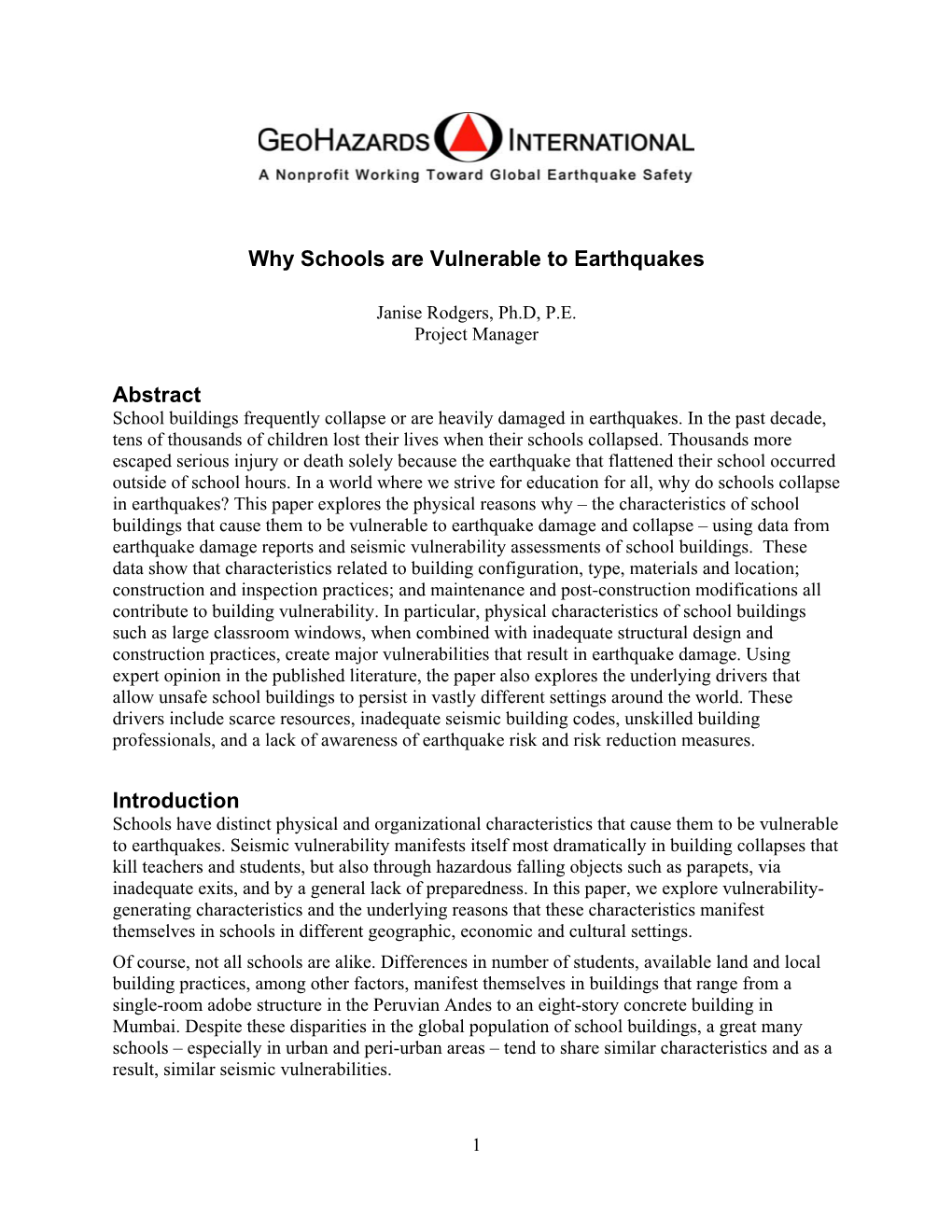 Why Schools Are Vulnerable to Earthquakes Abstract Introduction