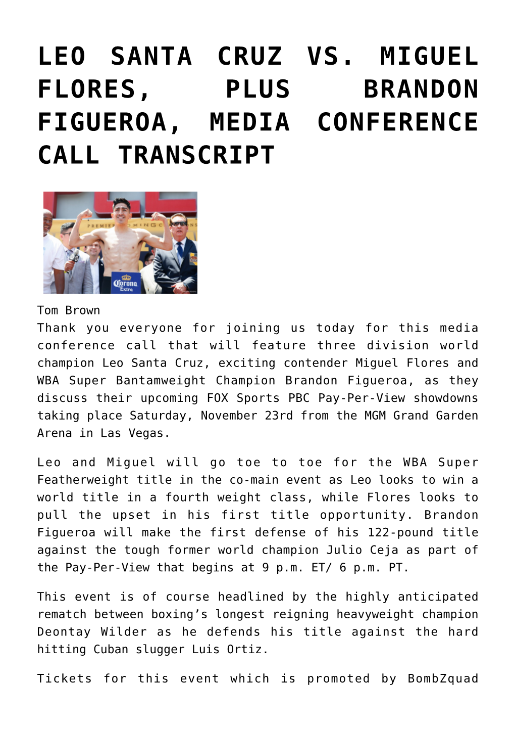 Leo Santa Cruz Vs. Miguel Flores, Plus Brandon Figueroa, Media Conference Call Transcript