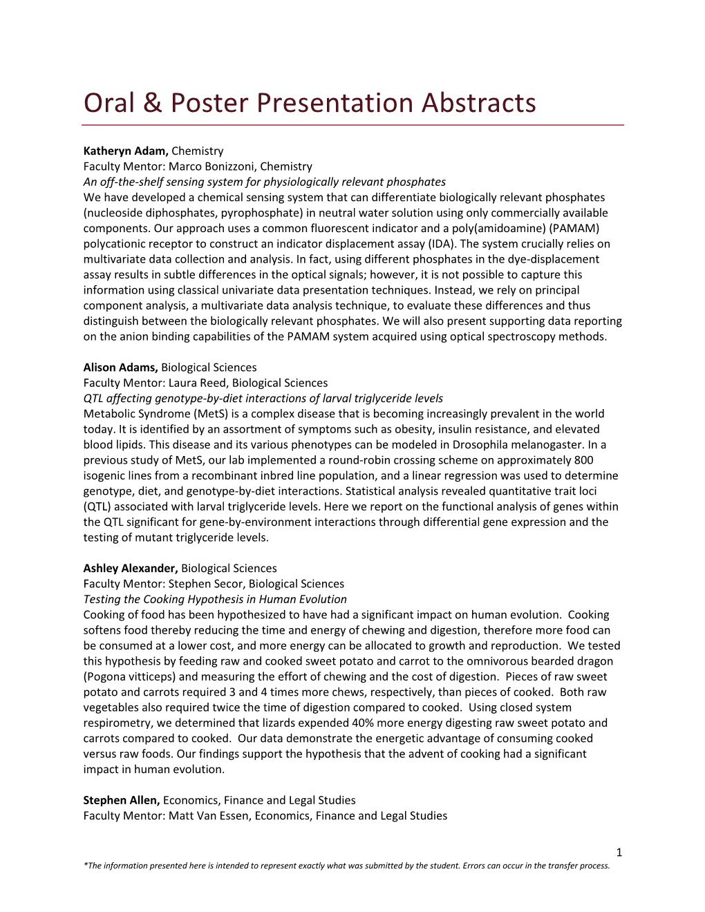 2014 URCA Abstracts for Oral and Poster Presentations