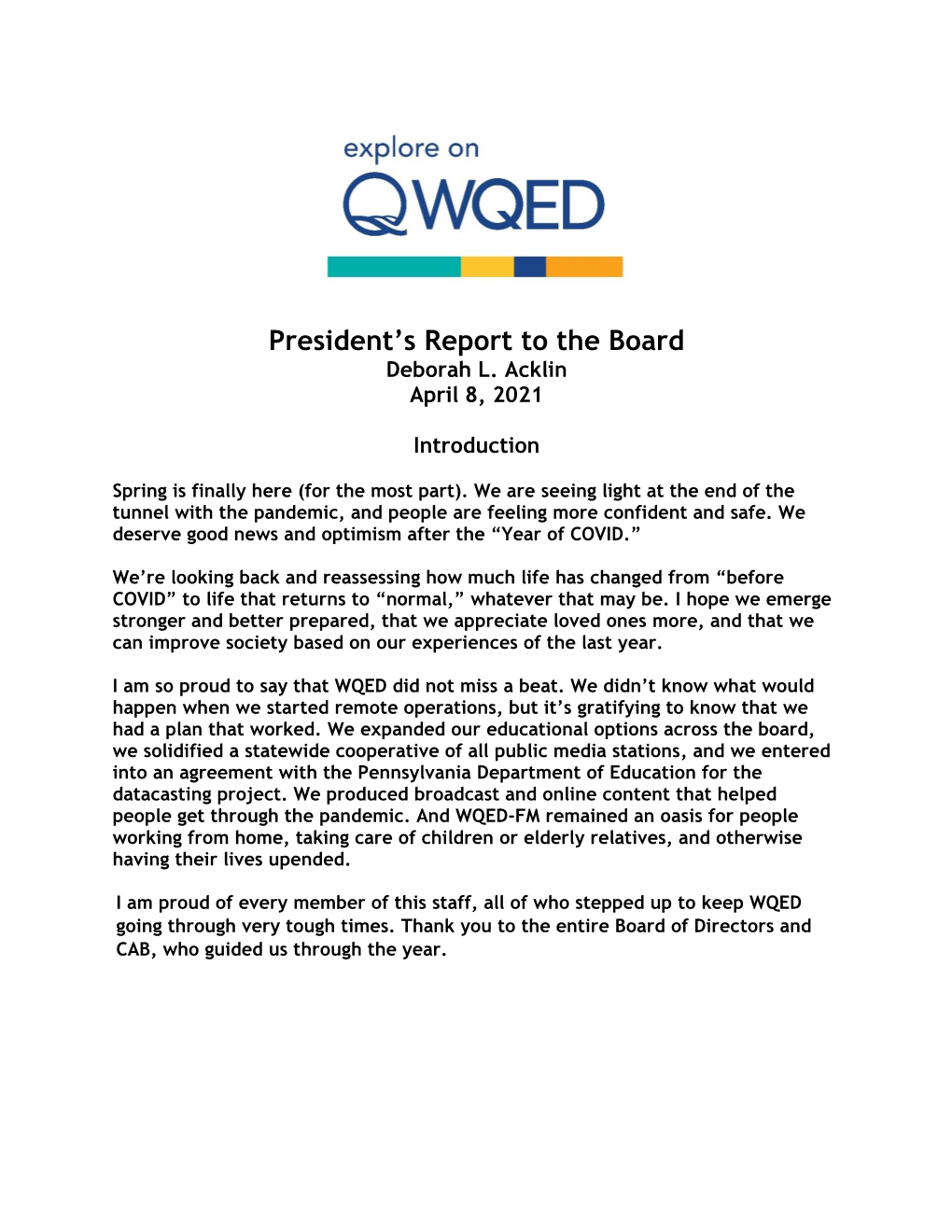 President's Report to the Board