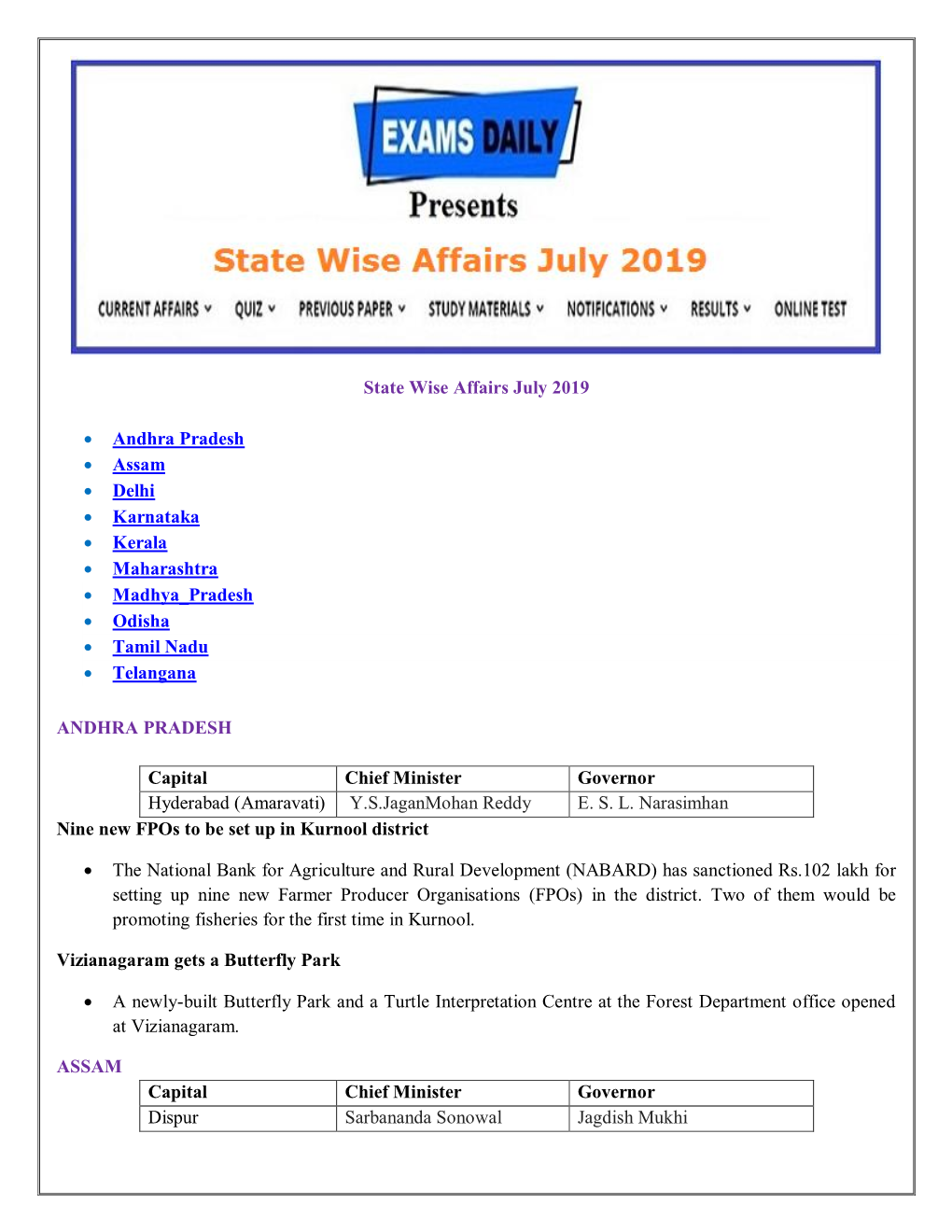 State Wise Affairs July 2019 • Andhra Pradesh • Assam • Delhi