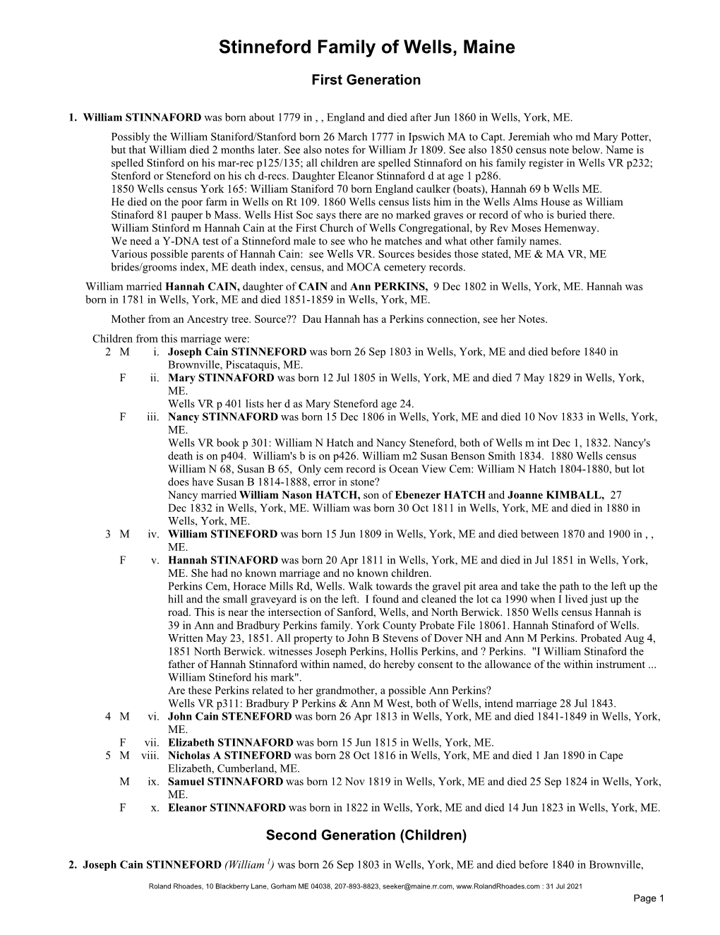 Descendants of William STINNAFORD