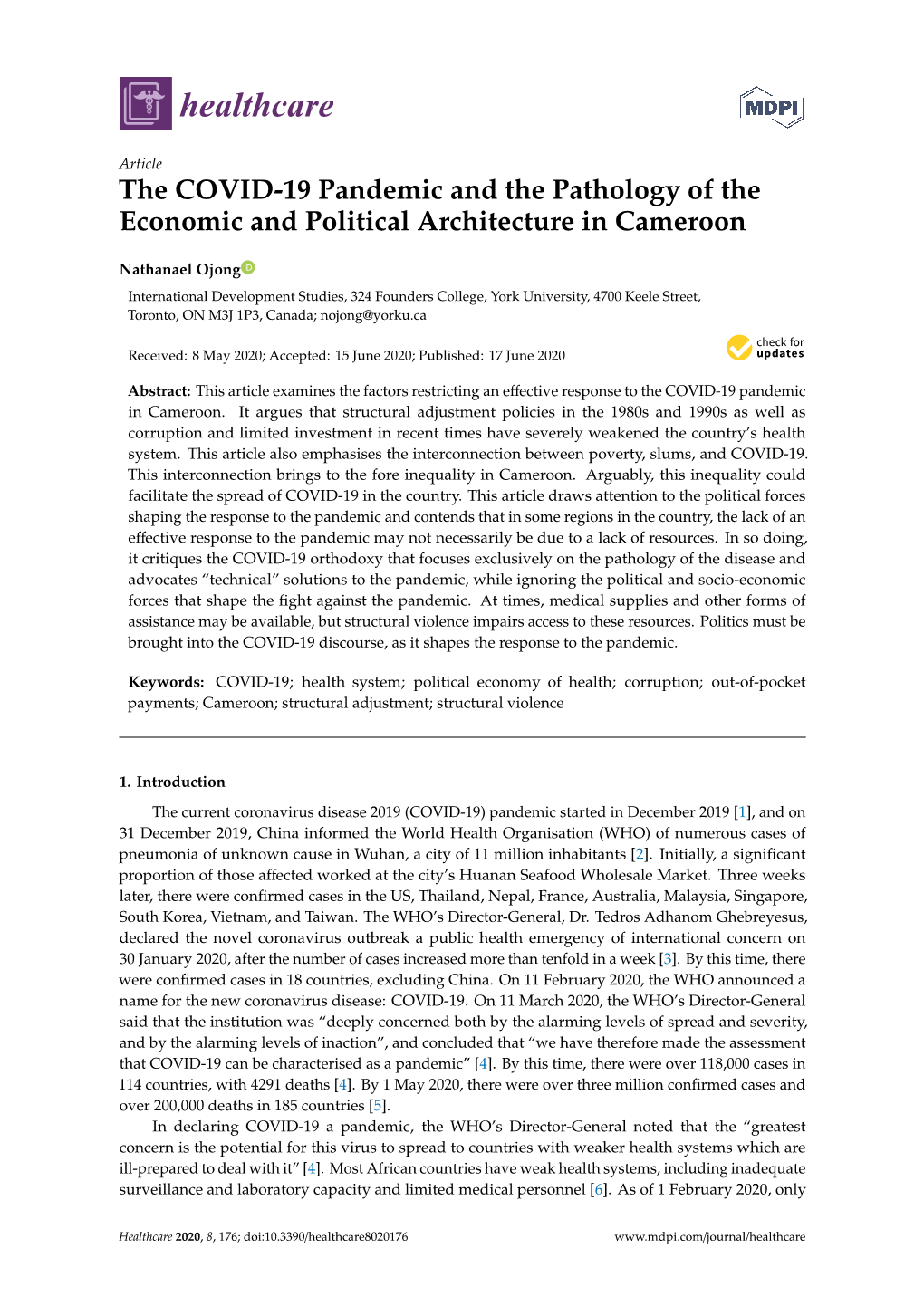 The COVID-19 Pandemic and the Pathology of the Economic and Political Architecture in Cameroon
