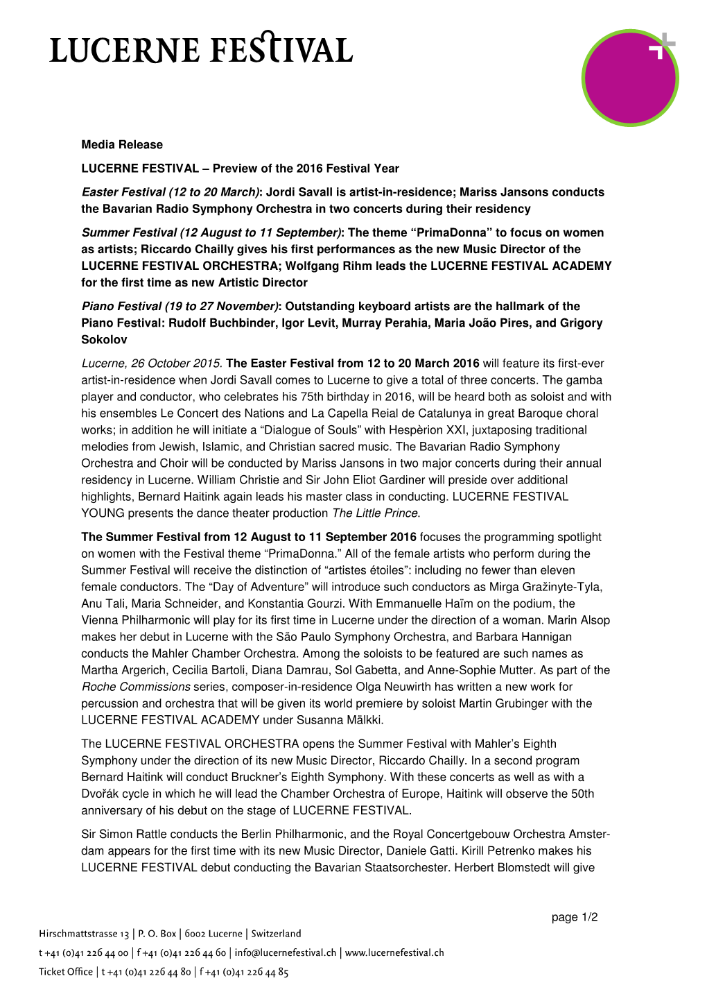 Page 1/2 Media Release LUCERNE FESTIVAL