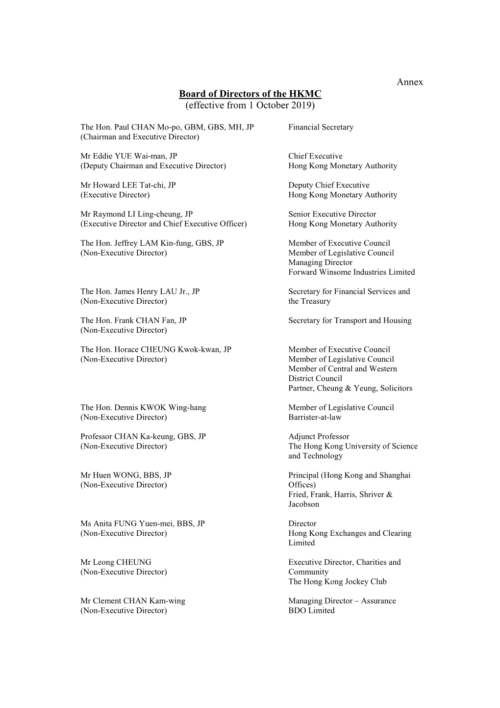 Annex Board of Directors of the HKMC (Effective from 1 October 2019)