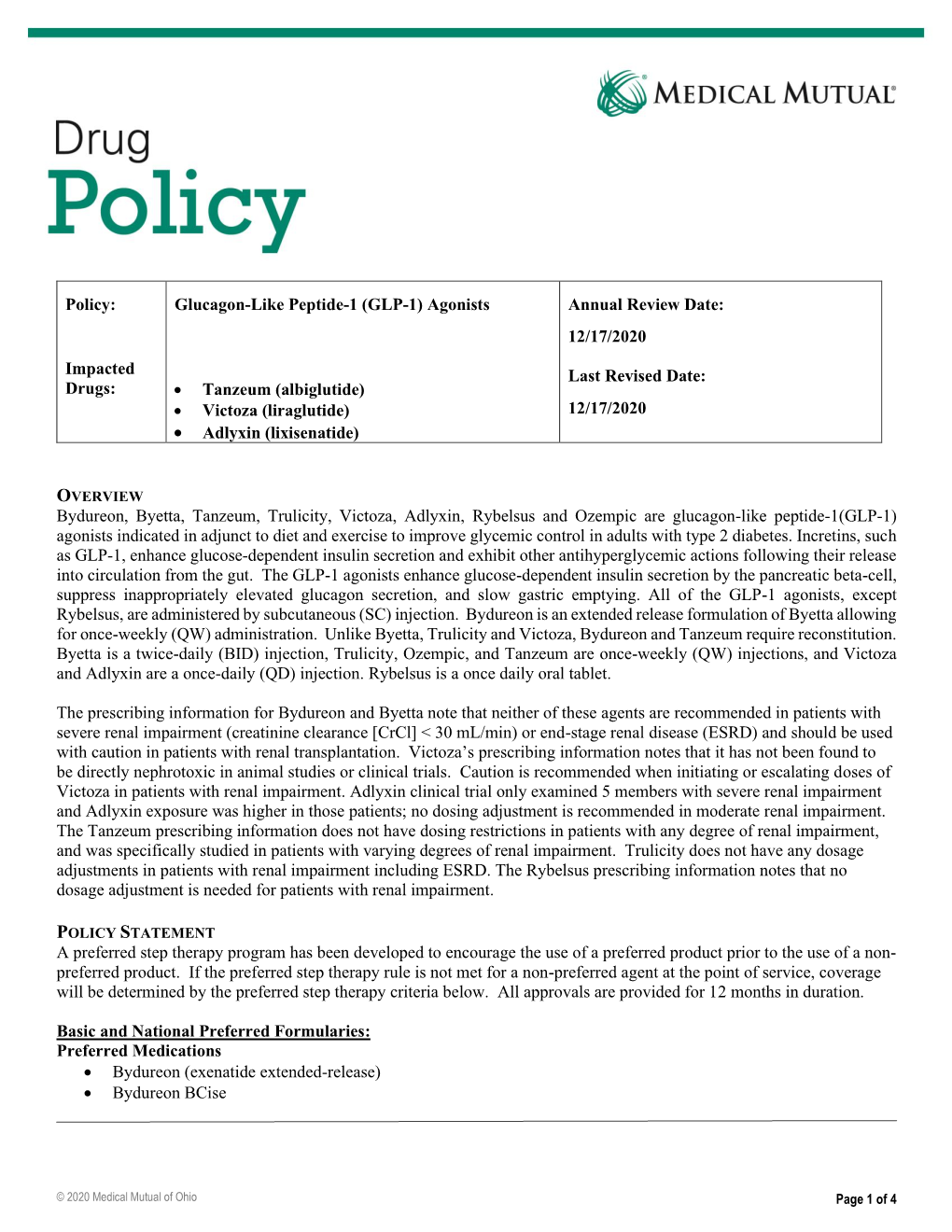 GLP-1) Agonists Annual Review Date: 12/17/2020