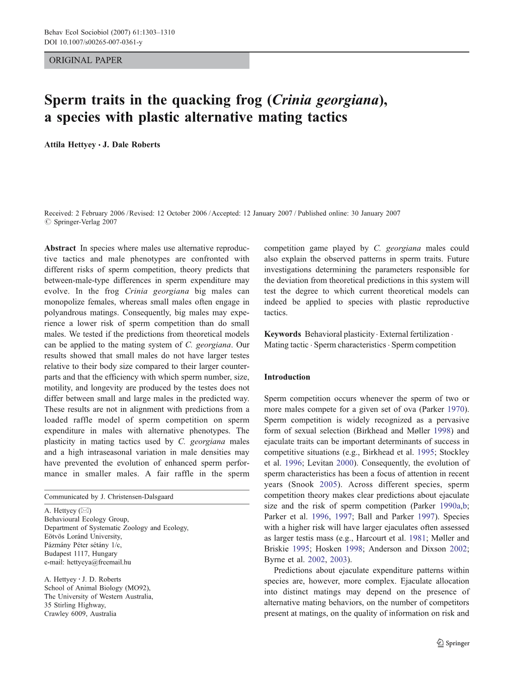 Sperm Traits in the Quacking Frog (Crinia Georgiana), a Species with Plastic Alternative Mating Tactics