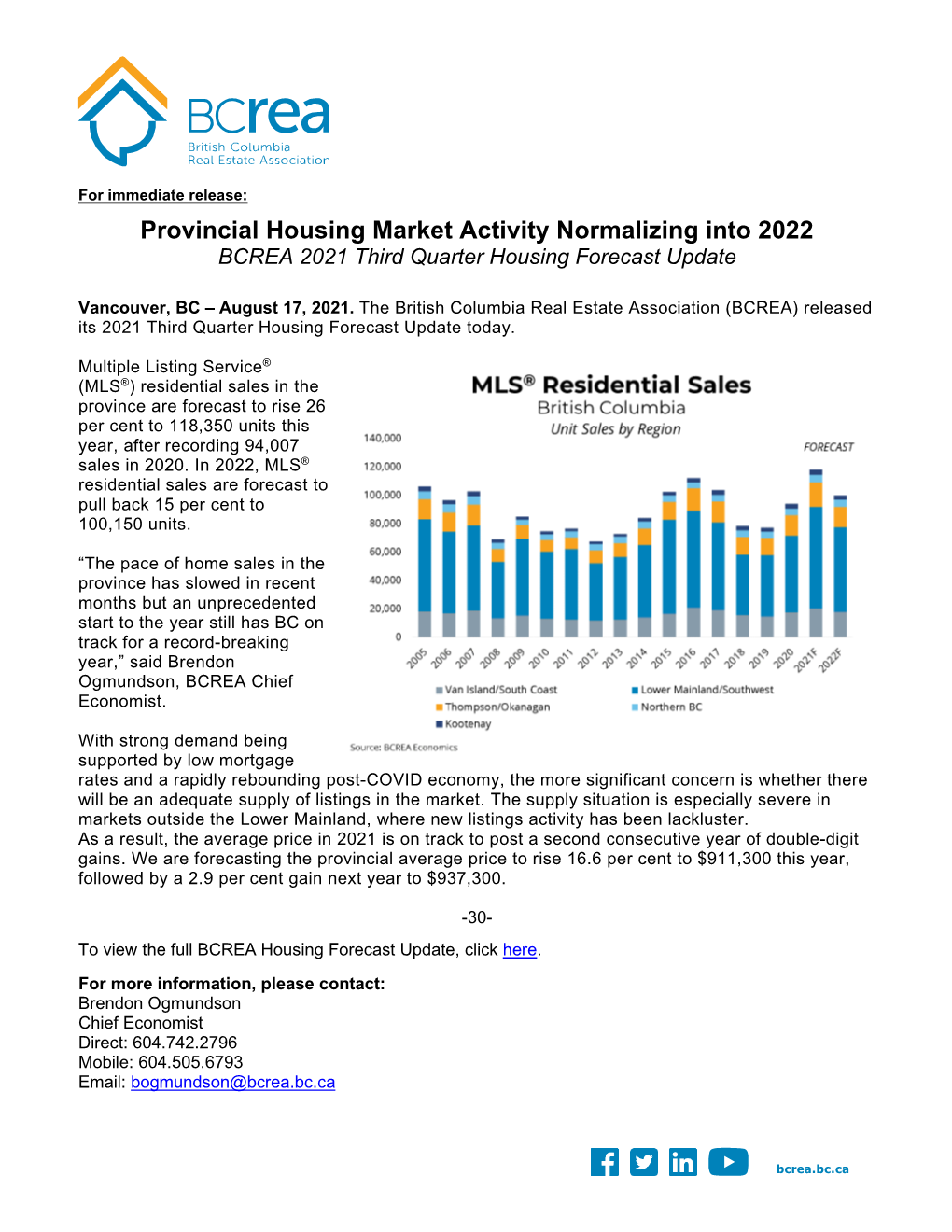 Provincial Housing Market Activity Normalizing Into 2022 BCREA 2021 Third Quarter Housing Forecast Update