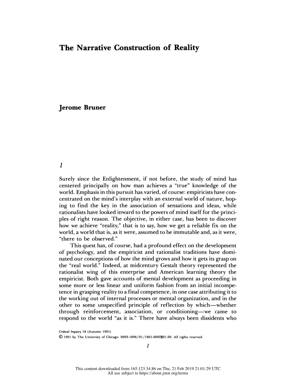 Jerome Bruner the Narrative Construction of Reality