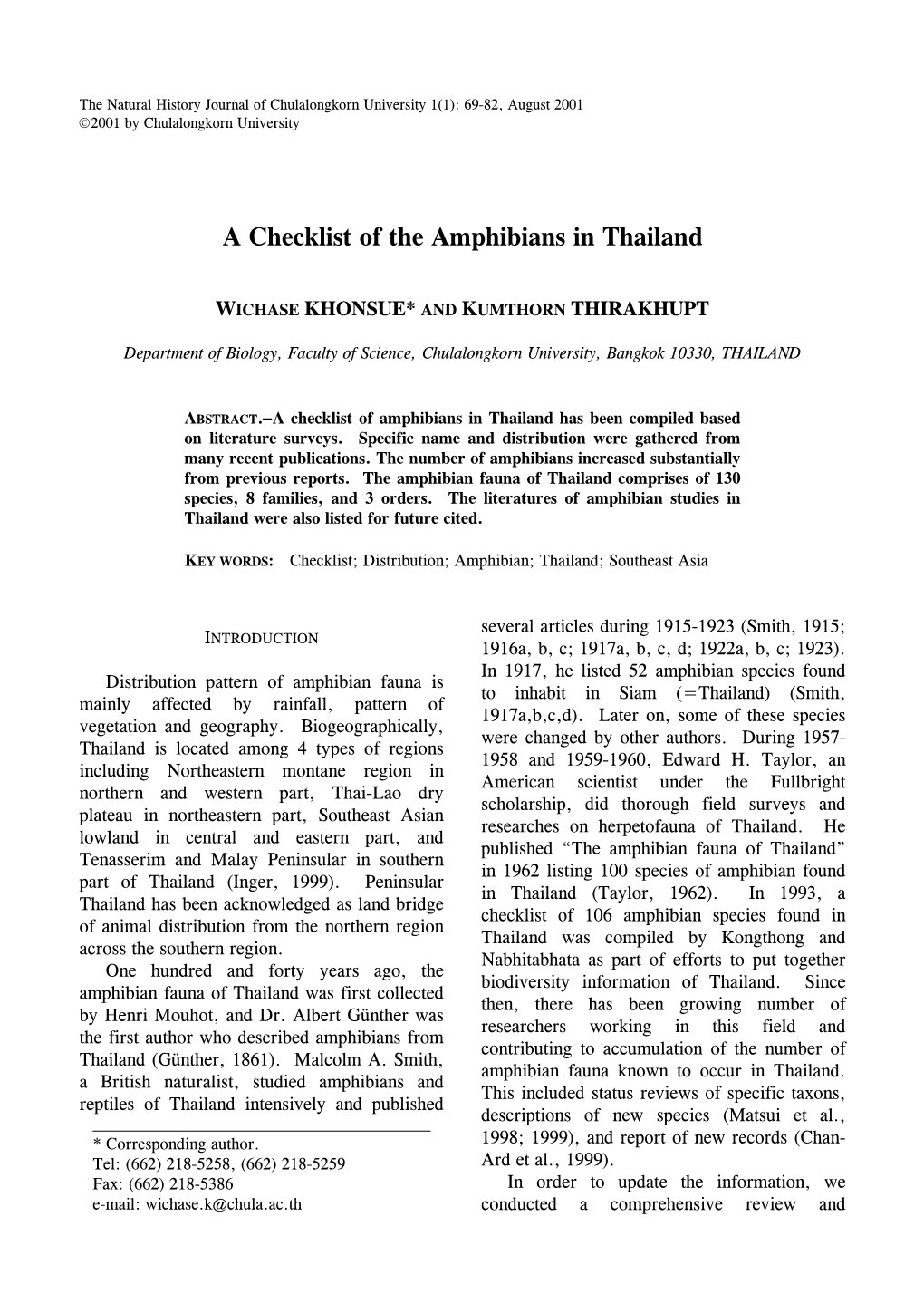 A Checklist of the Amphibians in Thailand