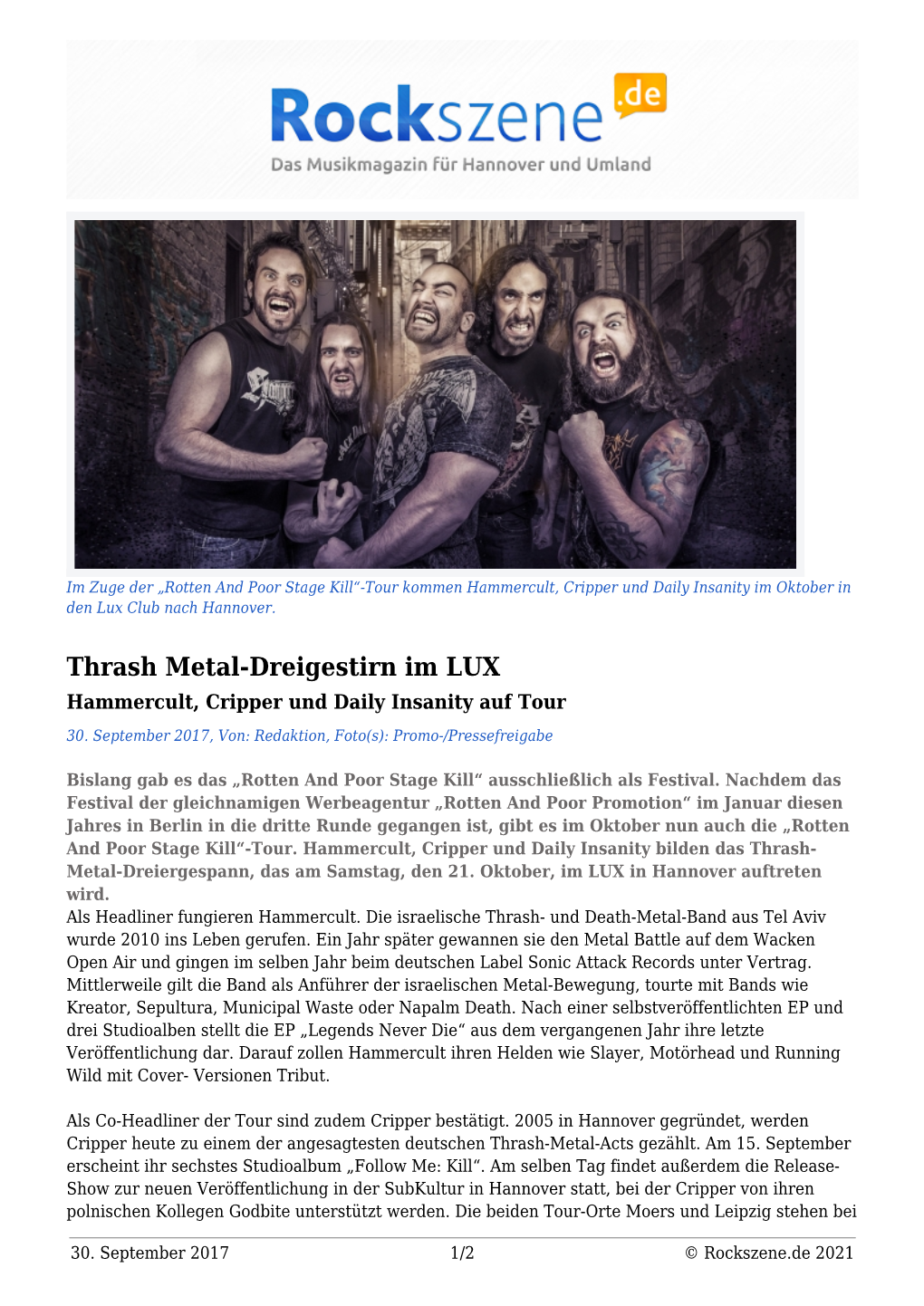Thrash Metal-Dreigestirn Im LUX Hammercult, Cripper Und Daily Insanity Auf Tour