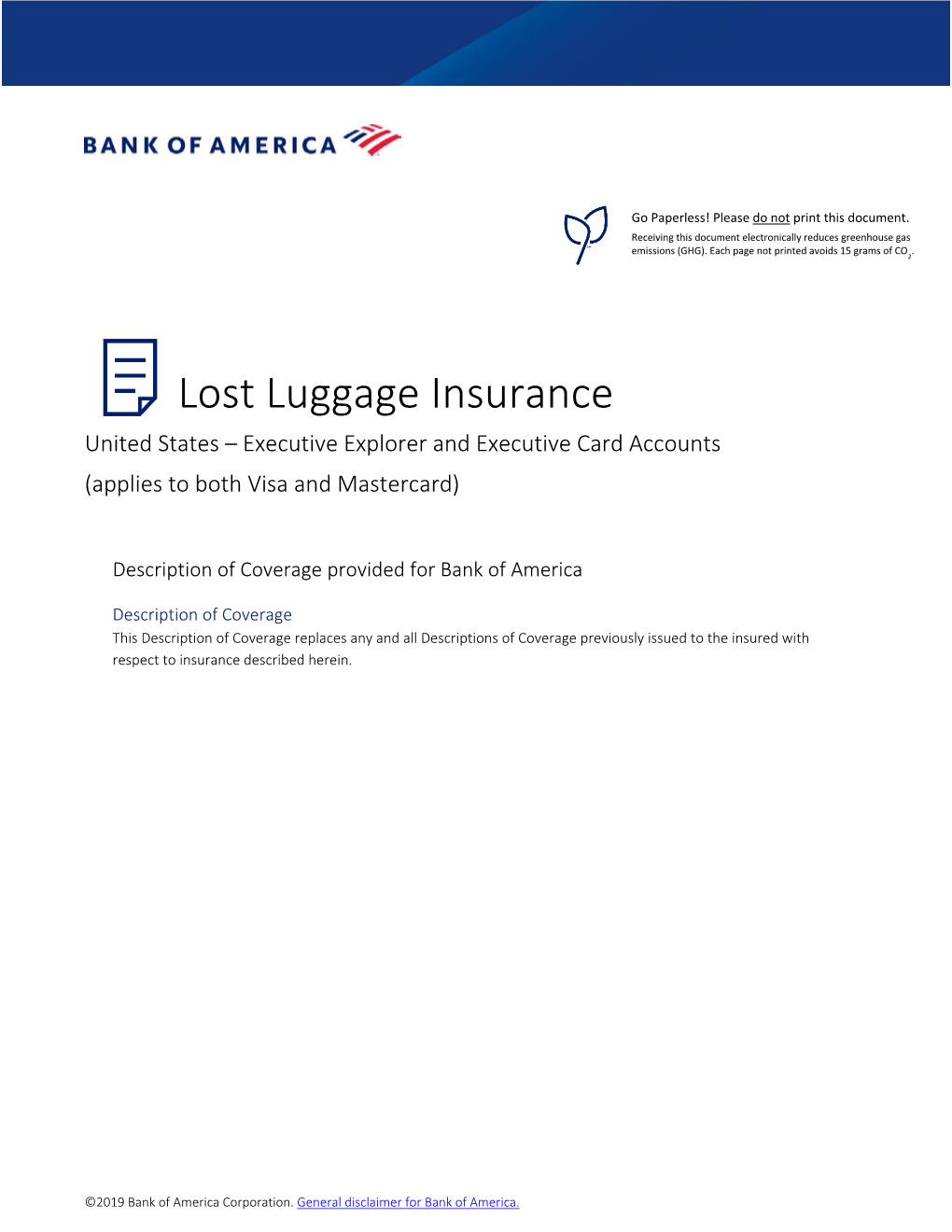 Lost Luggage Insurance United States – Executive Explorer and Executive Card Accounts (Applies to Both Visa and Mastercard)