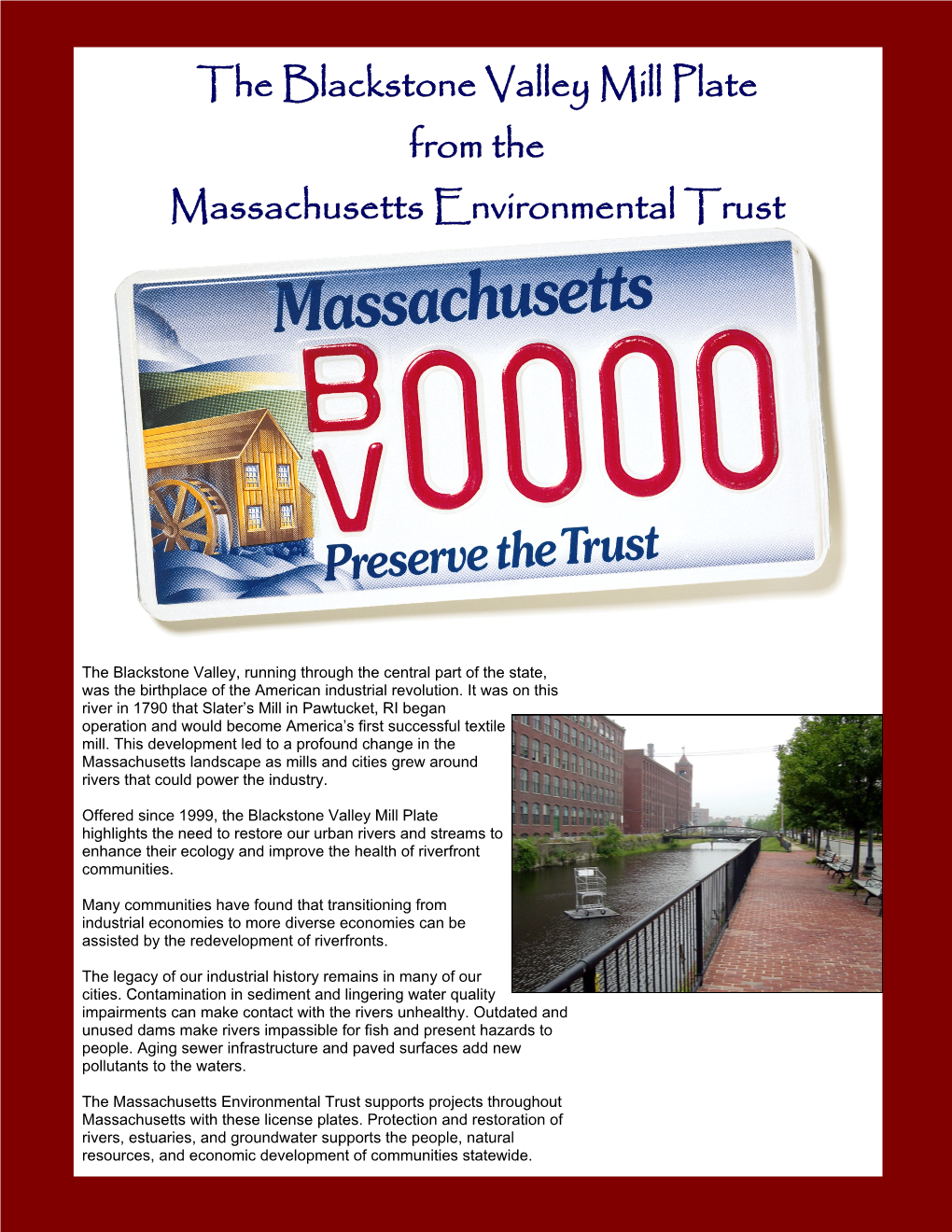 The Blackstone Valley Mill Plate from the Massachusetts Environmental Trust