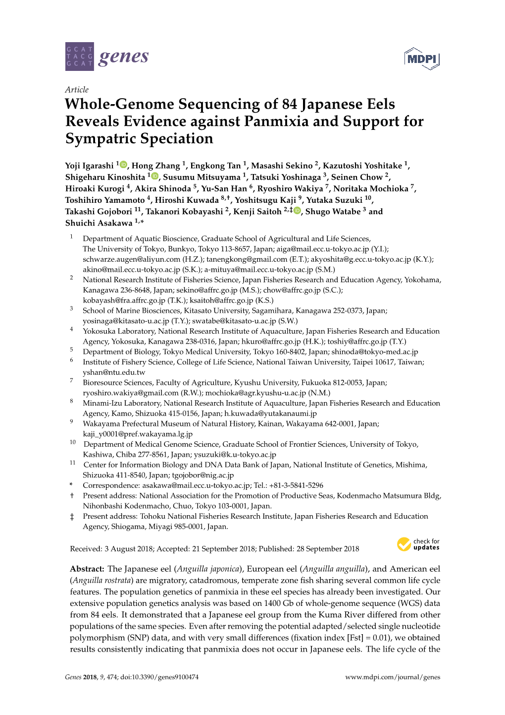 Whole-Genome Sequencing of 84 Japanese Eels Reveals Evidence Against Panmixia and Support for Sympatric Speciation