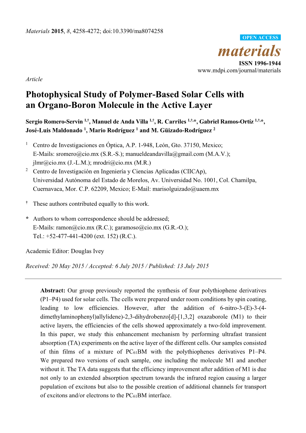 Photophysical Study of Polymer-Based Solar Cells with an Organo-Boron Molecule in the Active Layer