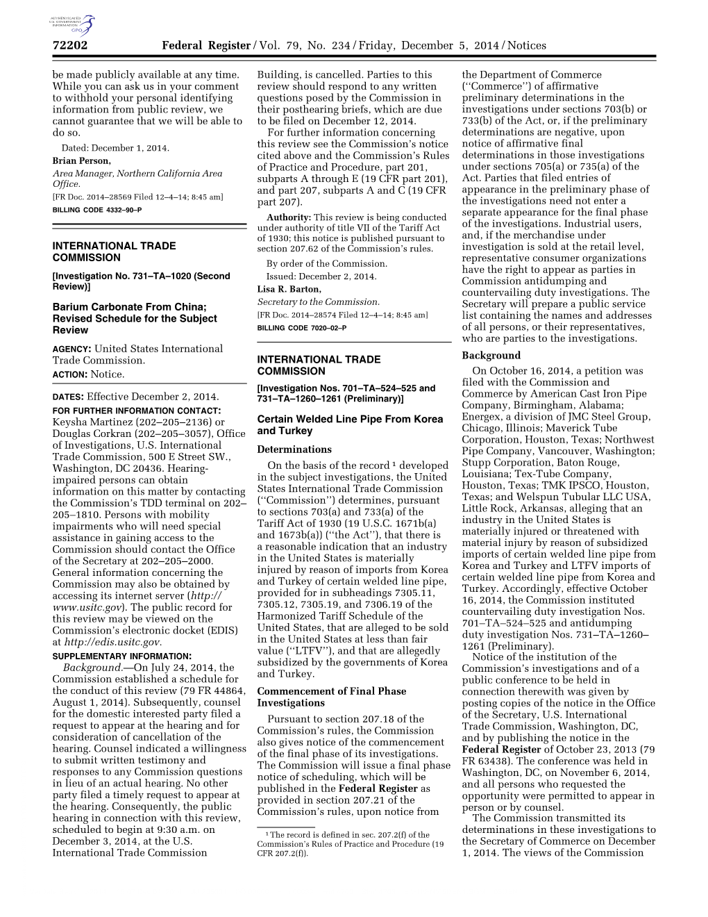 Federal Register/Vol. 79, No. 234/Friday, December 5, 2014