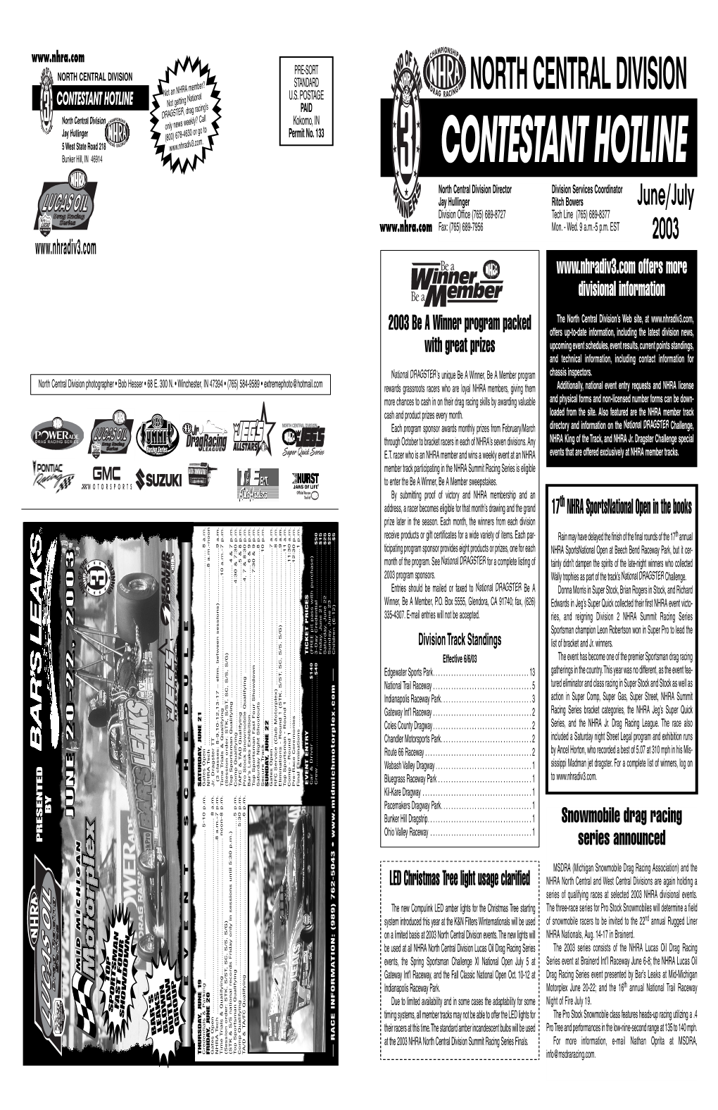 CONTESTANT HOTLINE Not Getting PAID DRAGSTER, Drag Racing’S North Central Division Only News Weekly? Call Kokomo, in Jay Hullinger (800) 678-4630 Or Go to Permit No