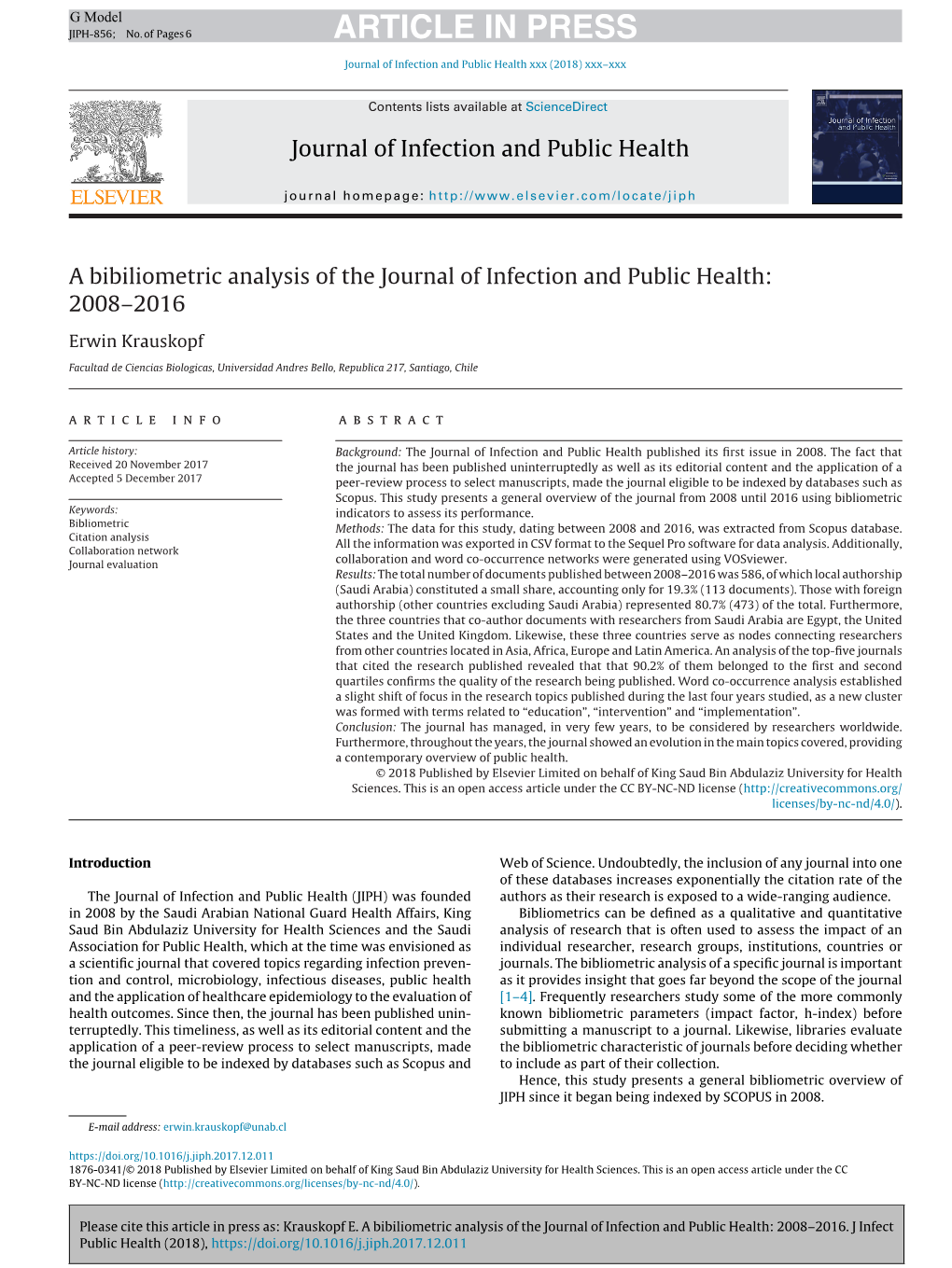 A Bibiliometric Analysis of the Journal of Infection and Public Health: 2008–2016