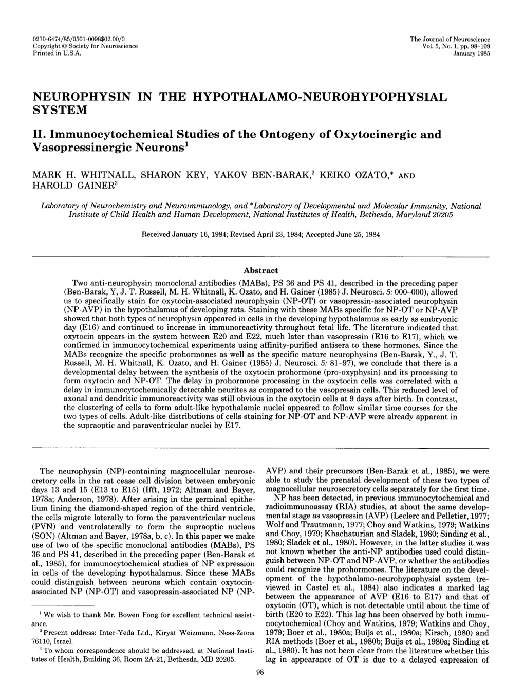 Neurophysin in the Hypothalamo-Neurohypophysial System