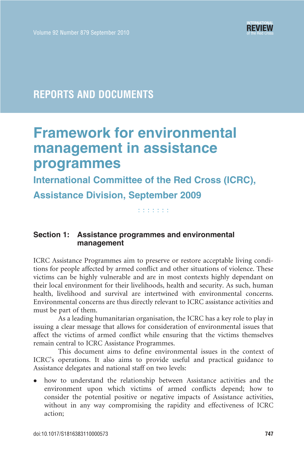 Framework for Environmental Management in Assistance Programmes International Committee of the Red Cross (ICRC), Assistance Division, September 2009