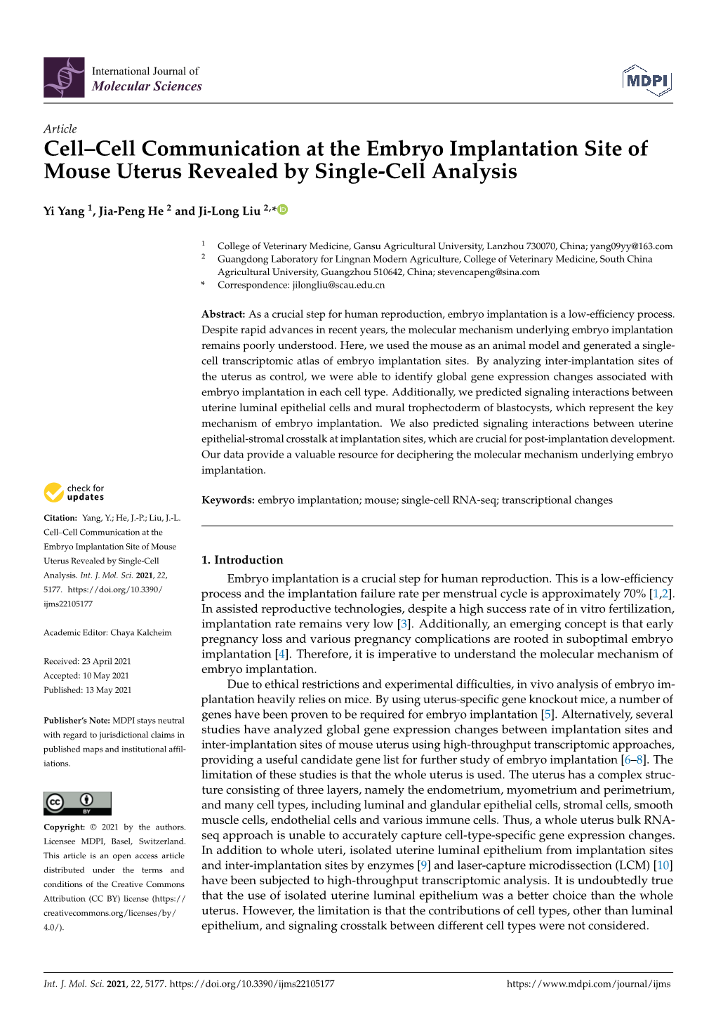 Cell–Cell Communication at the Embryo Implantation Site of Mouse Uterus Revealed by Single-Cell Analysis