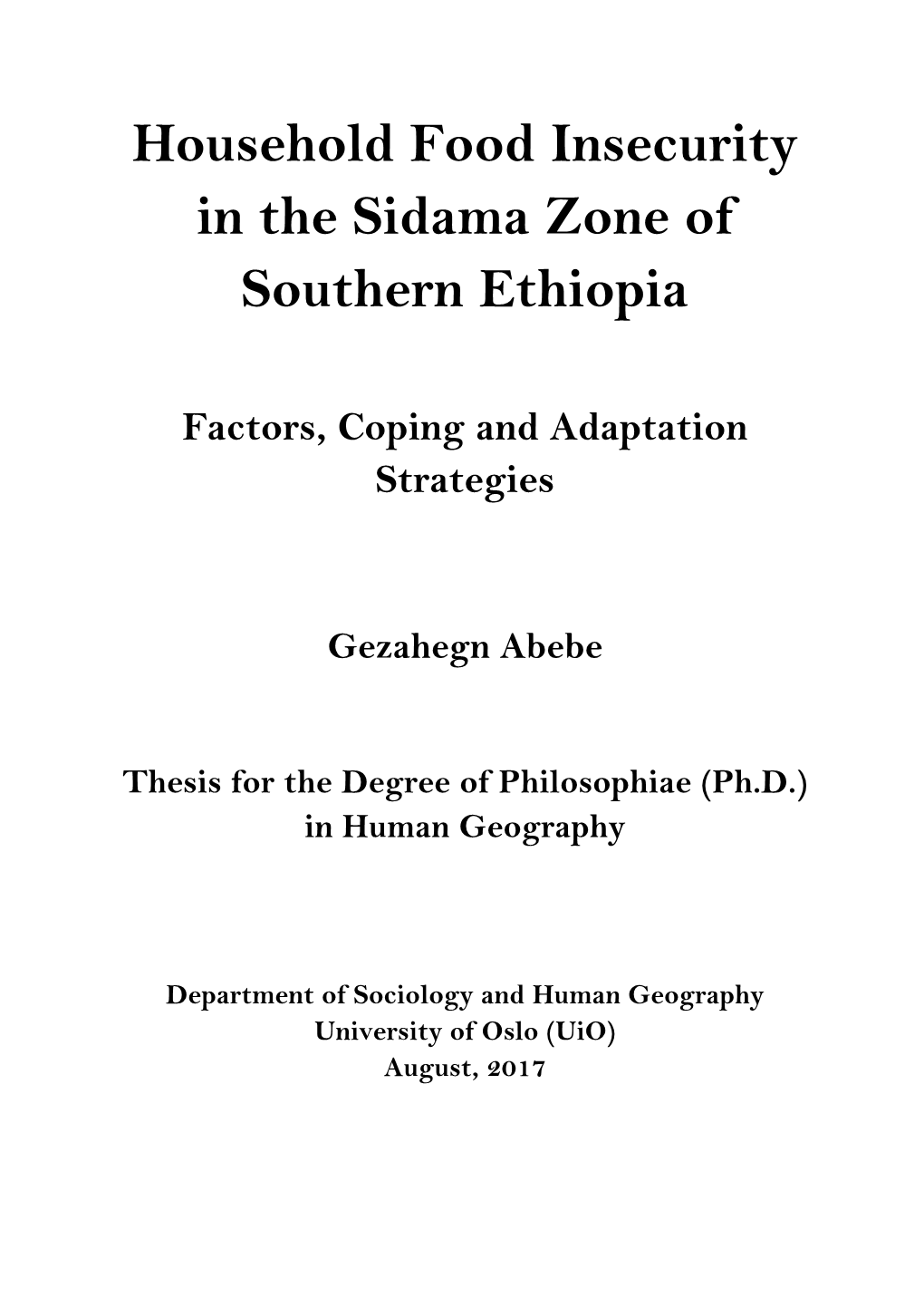 Household Food Insecurity in the Sidama Zone of Southern Ethiopia