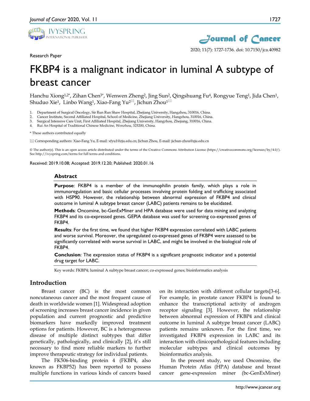 FKBP4 Is a Malignant Indicator in Luminal a Subtype of Breast Cancer