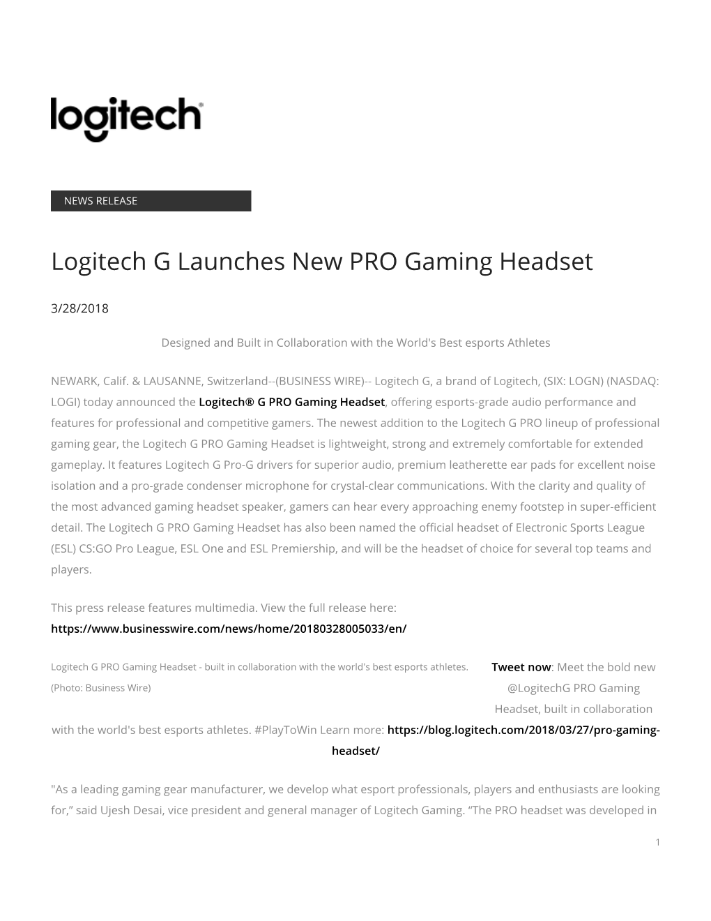 Logitech G Launches New PRO Gaming Headset