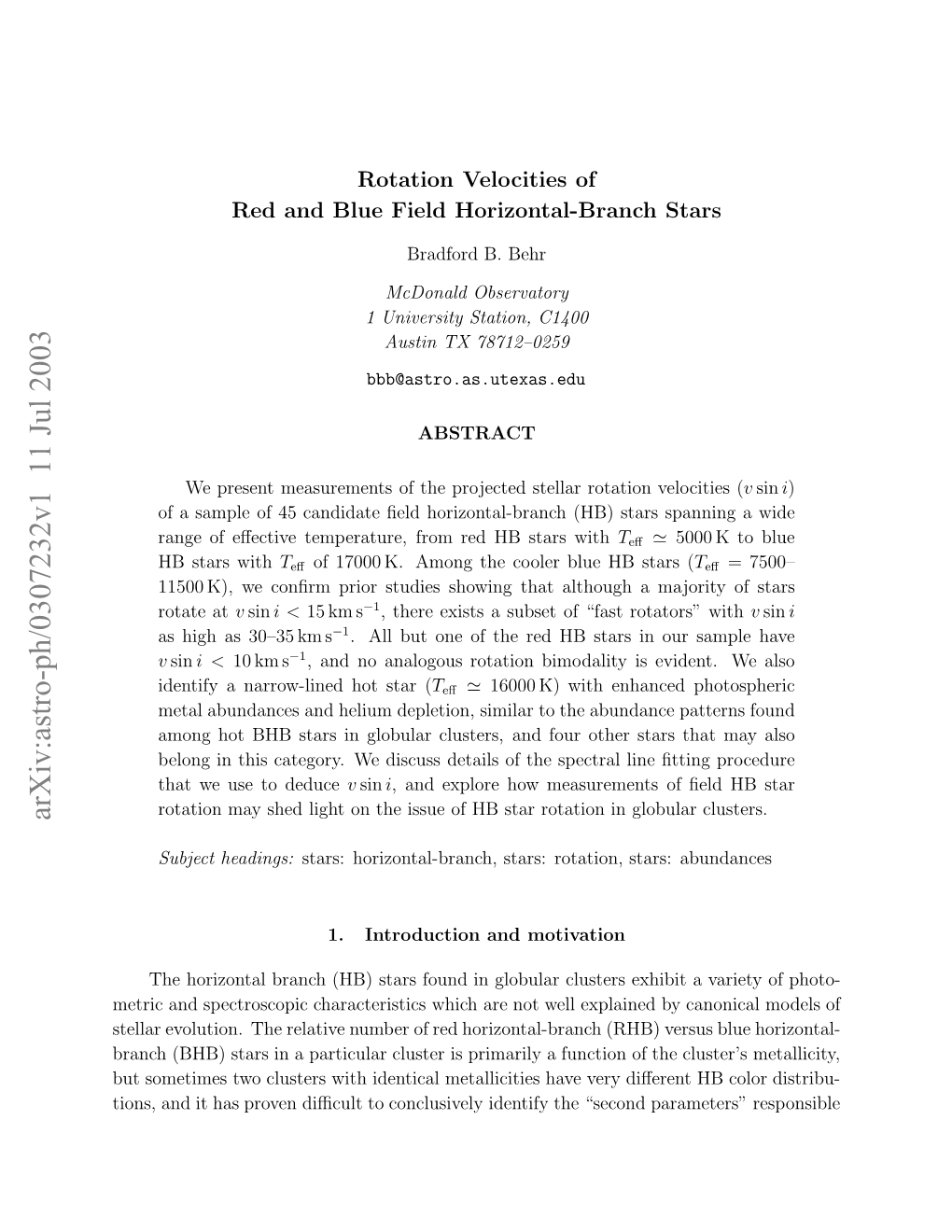 Rotation Velocities of Red and Blue Field Horizontal-Branch Stars