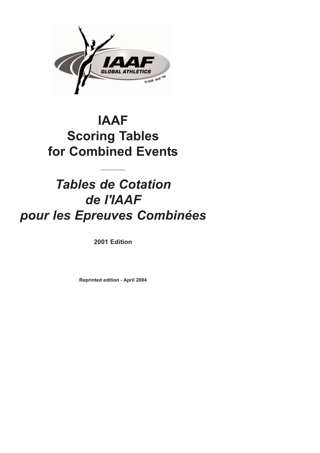 IAAF Scoring Tables for Combined Events Tables De Cotation De L'iaaf