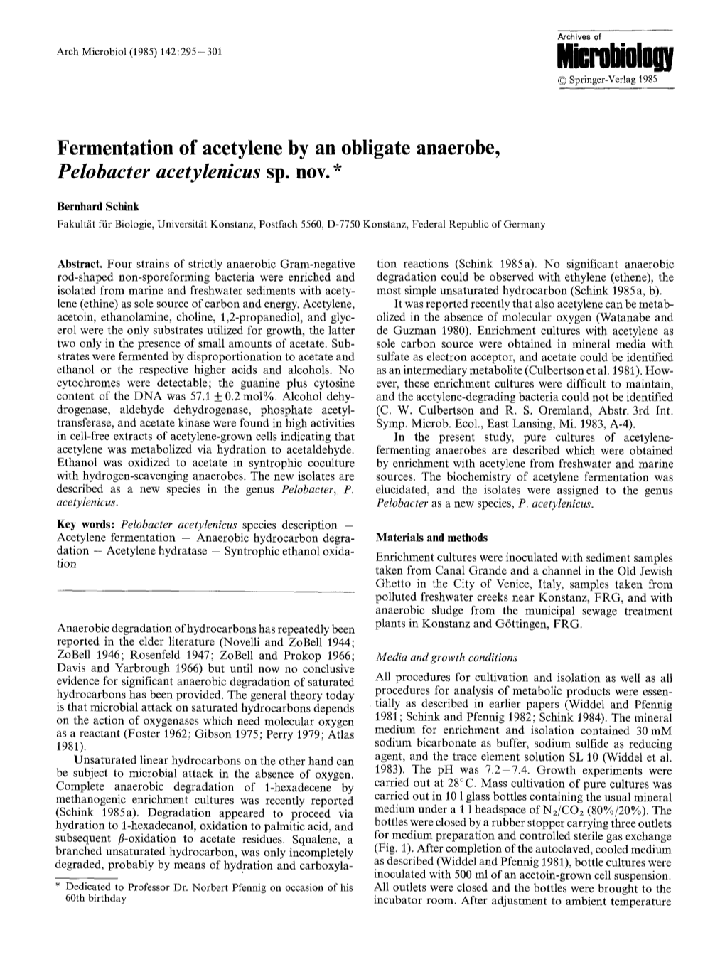 Fermentation of Acetylene by an Obligate Anaerobe, Pelobacter Acetylenicus Sp