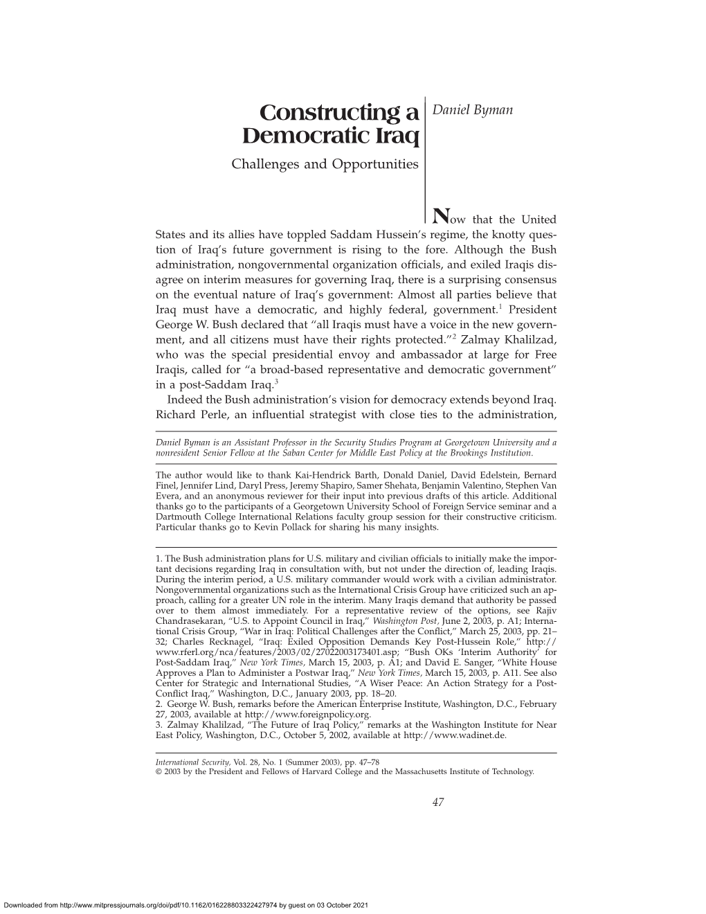 Constructing a Democratic Iraq Constructing a Daniel Byman Democratic Iraq Challenges and Opportunities