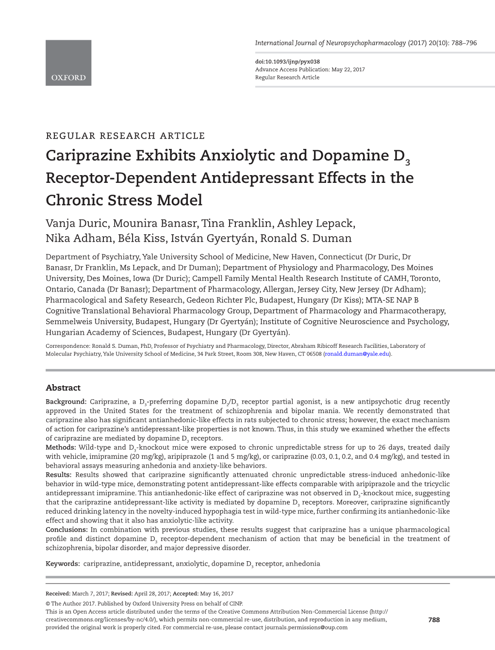 Cariprazine Exhibits Anxiolytic and Dopamine D Receptor-Dependent