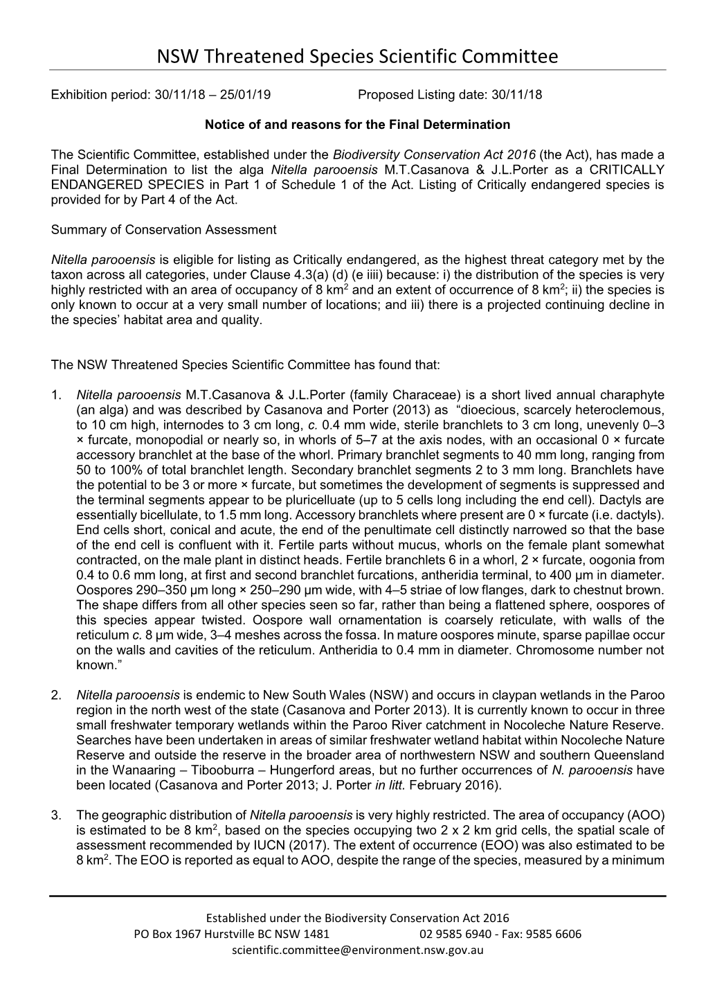 Nitella Parooensis M.T.Casanova & J.L.Porter As a CRITICALLY ENDANGERED SPECIES in Part 1 of Schedule 1 of the Act