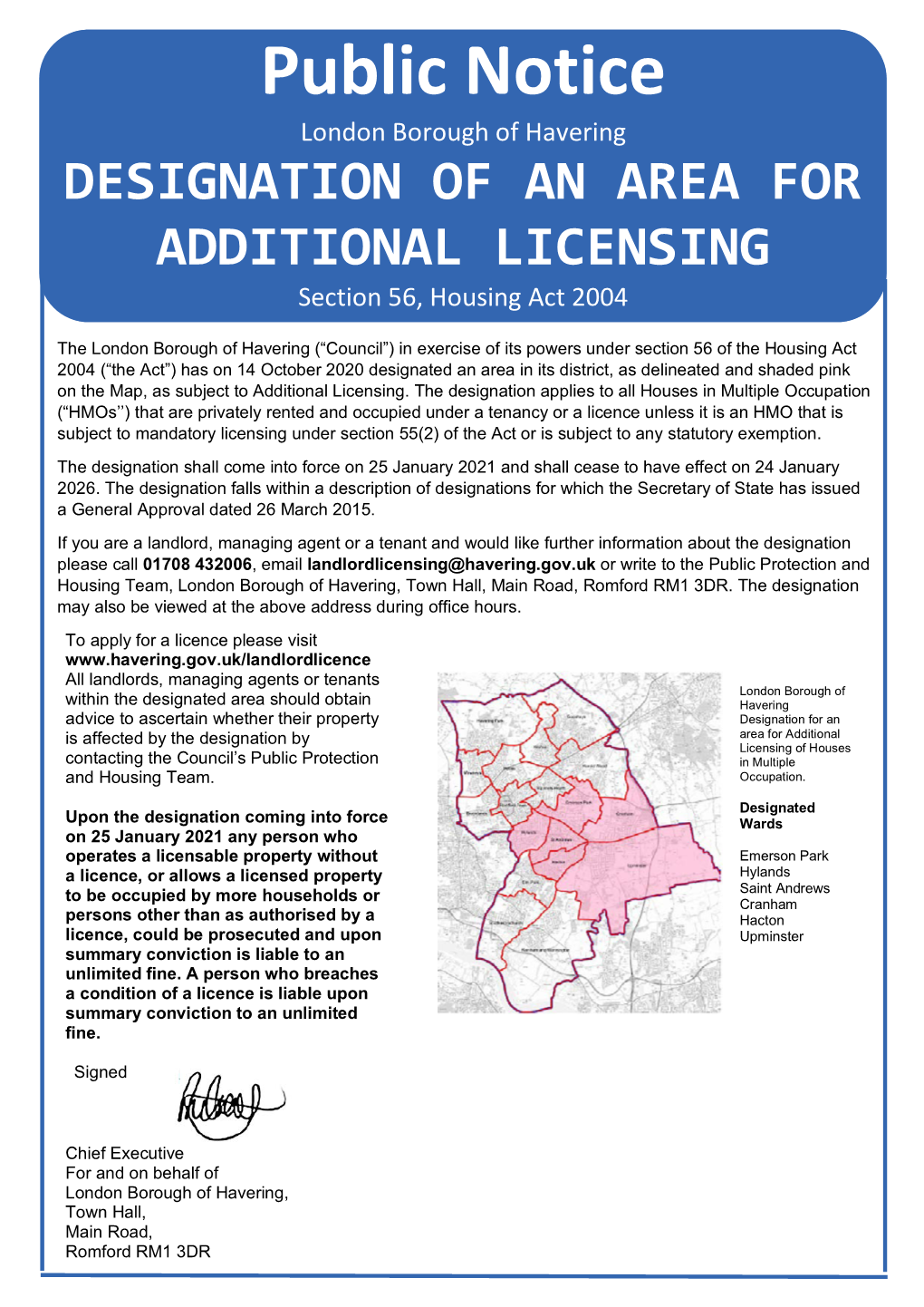 Havering Additional Licensing Public Notice 2021