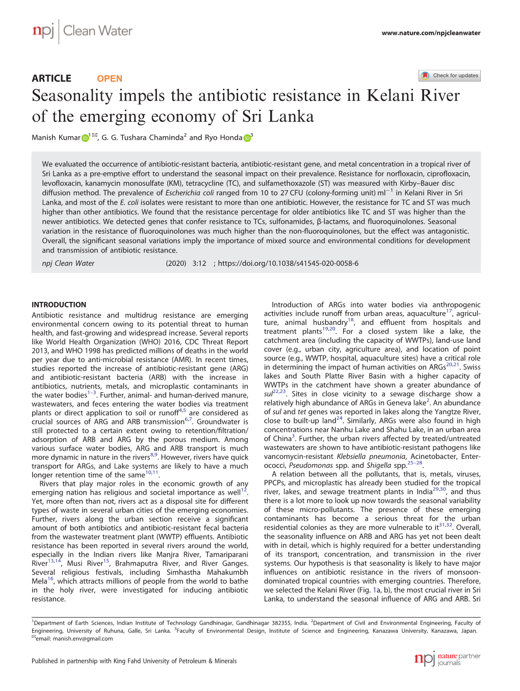 Seasonality Impels the Antibiotic Resistance in Kelani River of the Emerging Economy of Sri Lanka ✉ Manish Kumar 1 , G