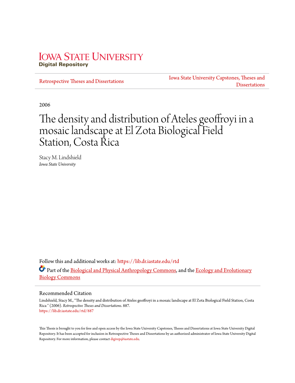 The Density and Distribution of Ateles Geoffroyi in a Mosaic Landscape at El Zota Biological Field Station, Costa Rica Stacy M